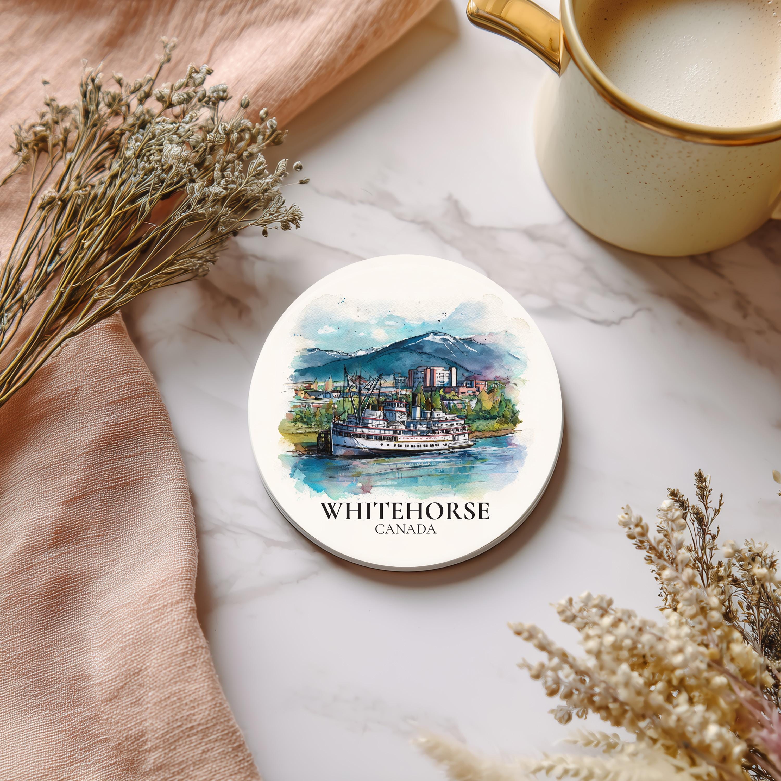 Whitehorse Canada Yukon Coaster, Watercolor Personalized Painting, Travel Gift Souvenir, Home Decor, Ceramic Set