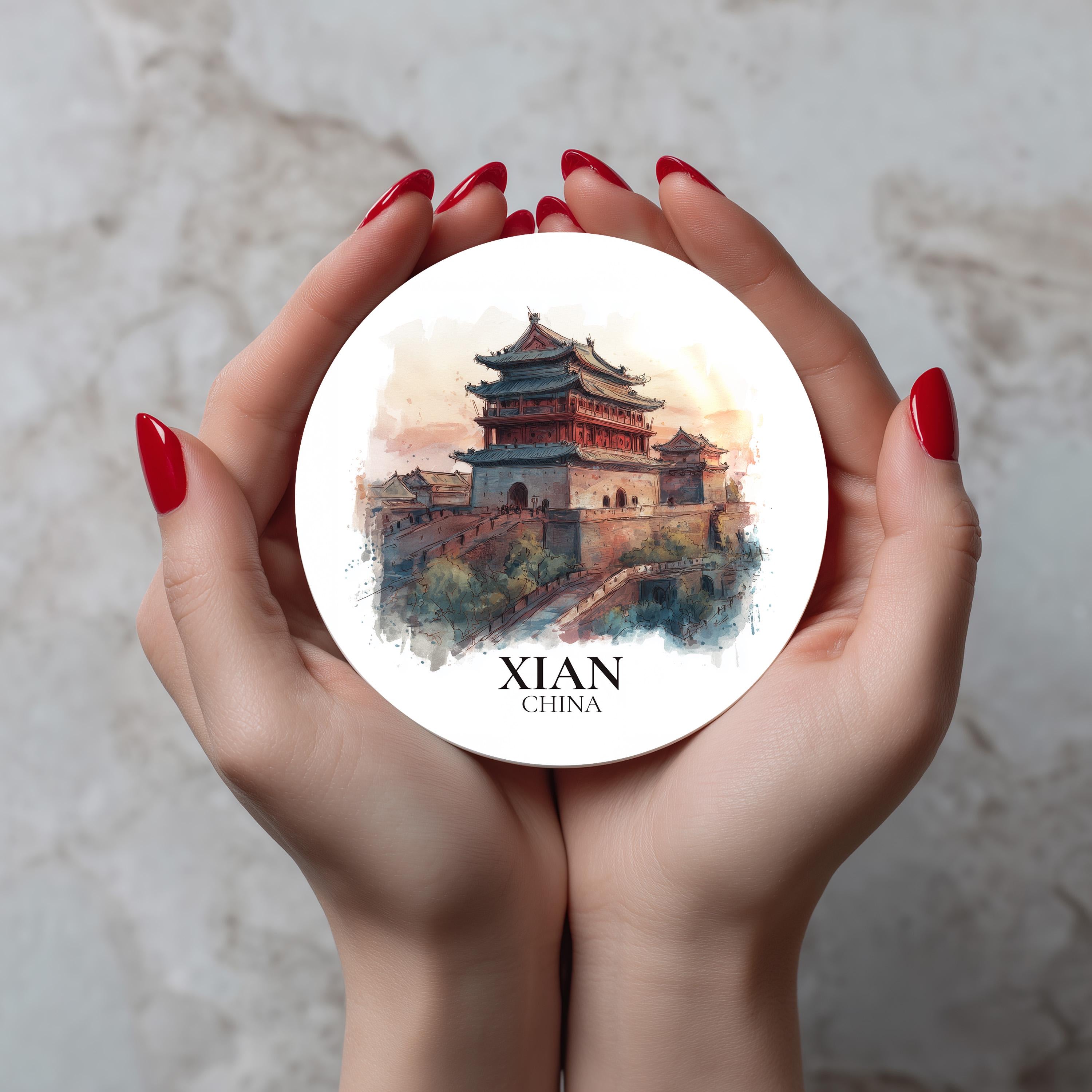 Xian China Coaster, Watercolor Personalized Painting, Travel Gift Souvenir, Home Decor, Ceramic Set