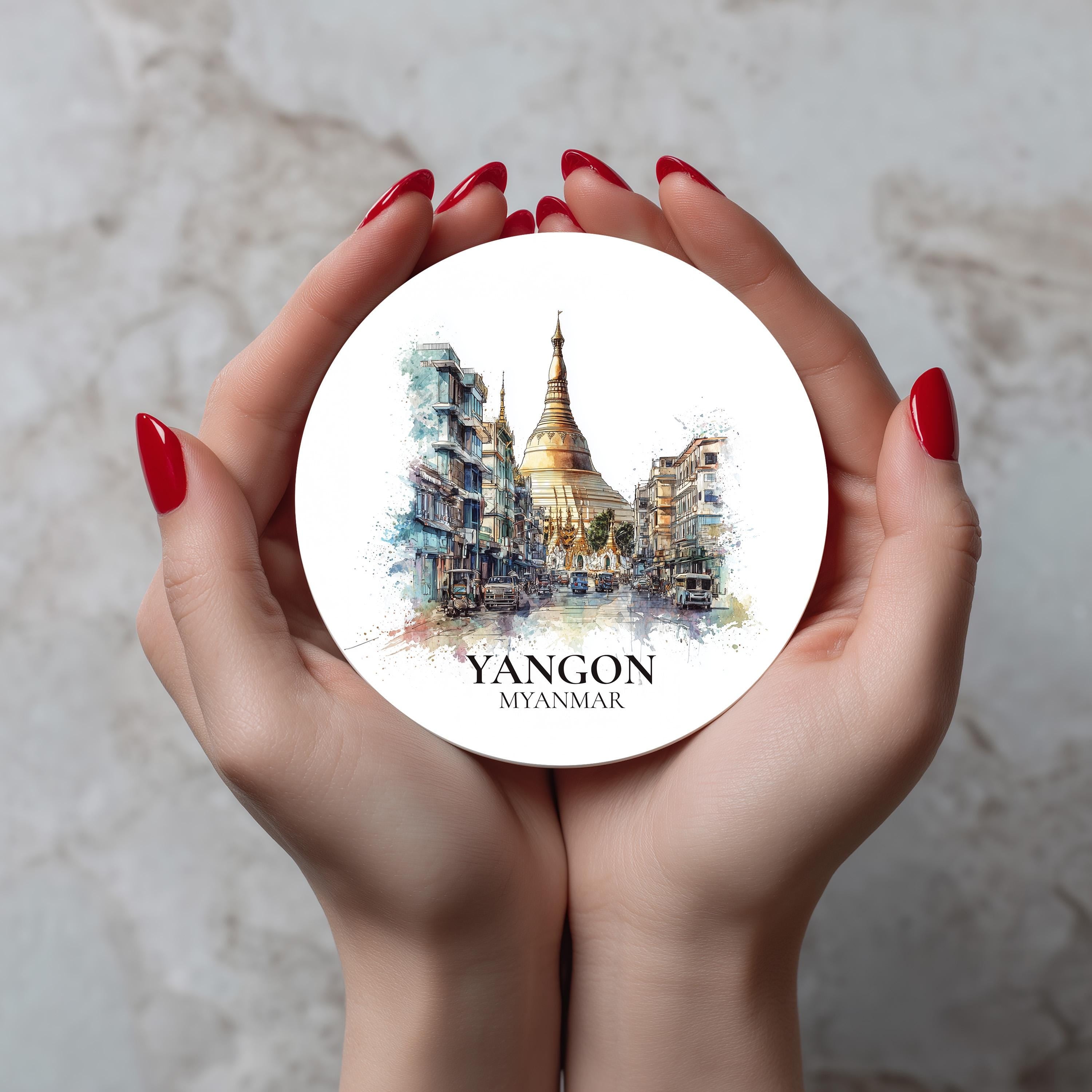 Yangon Myanmar Coaster, Watercolor Personalized Painting, Travel Gift Souvenir, Home Decor, Ceramic Set