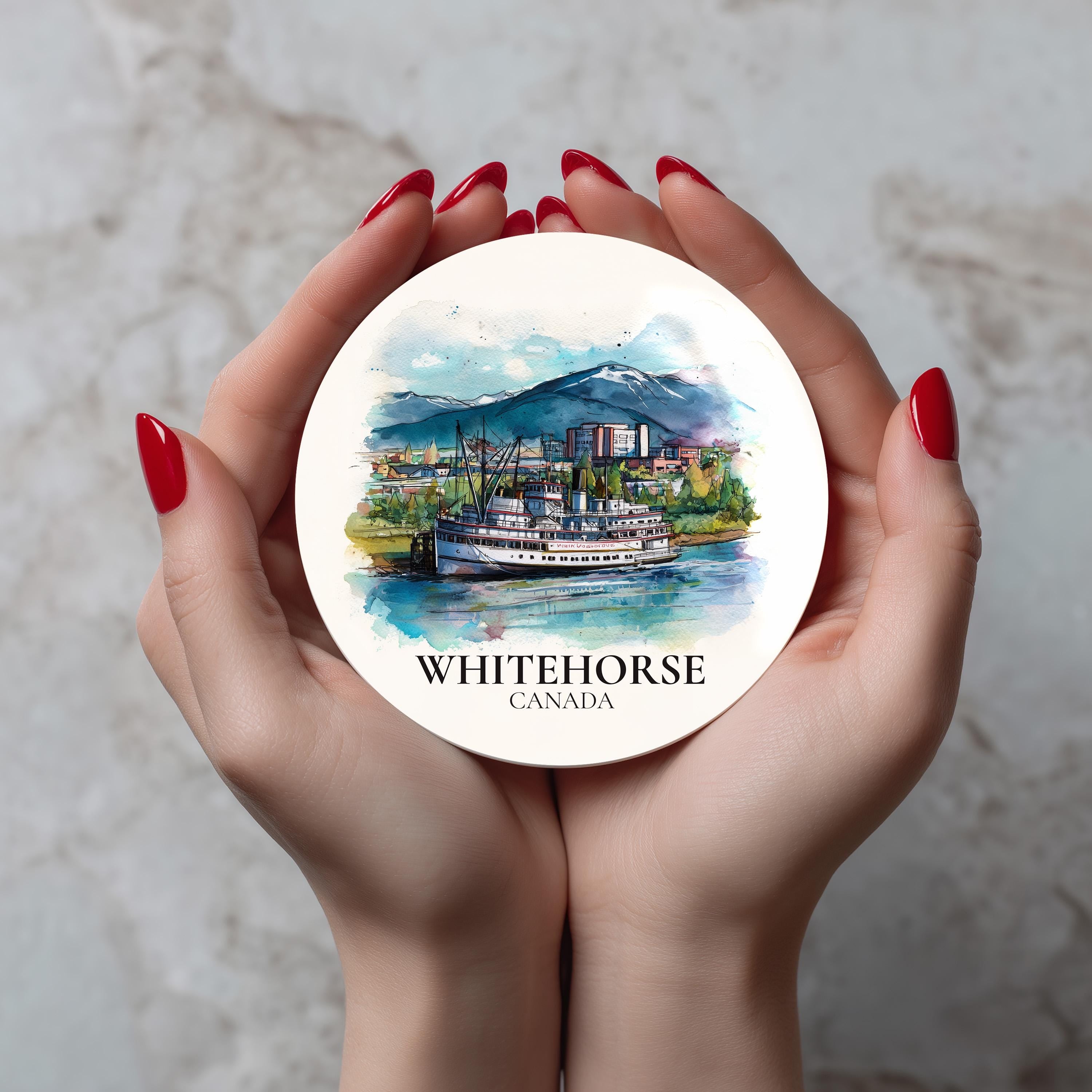 Whitehorse Canada Yukon Coaster, Watercolor Personalized Painting, Travel Gift Souvenir, Home Decor, Ceramic Set