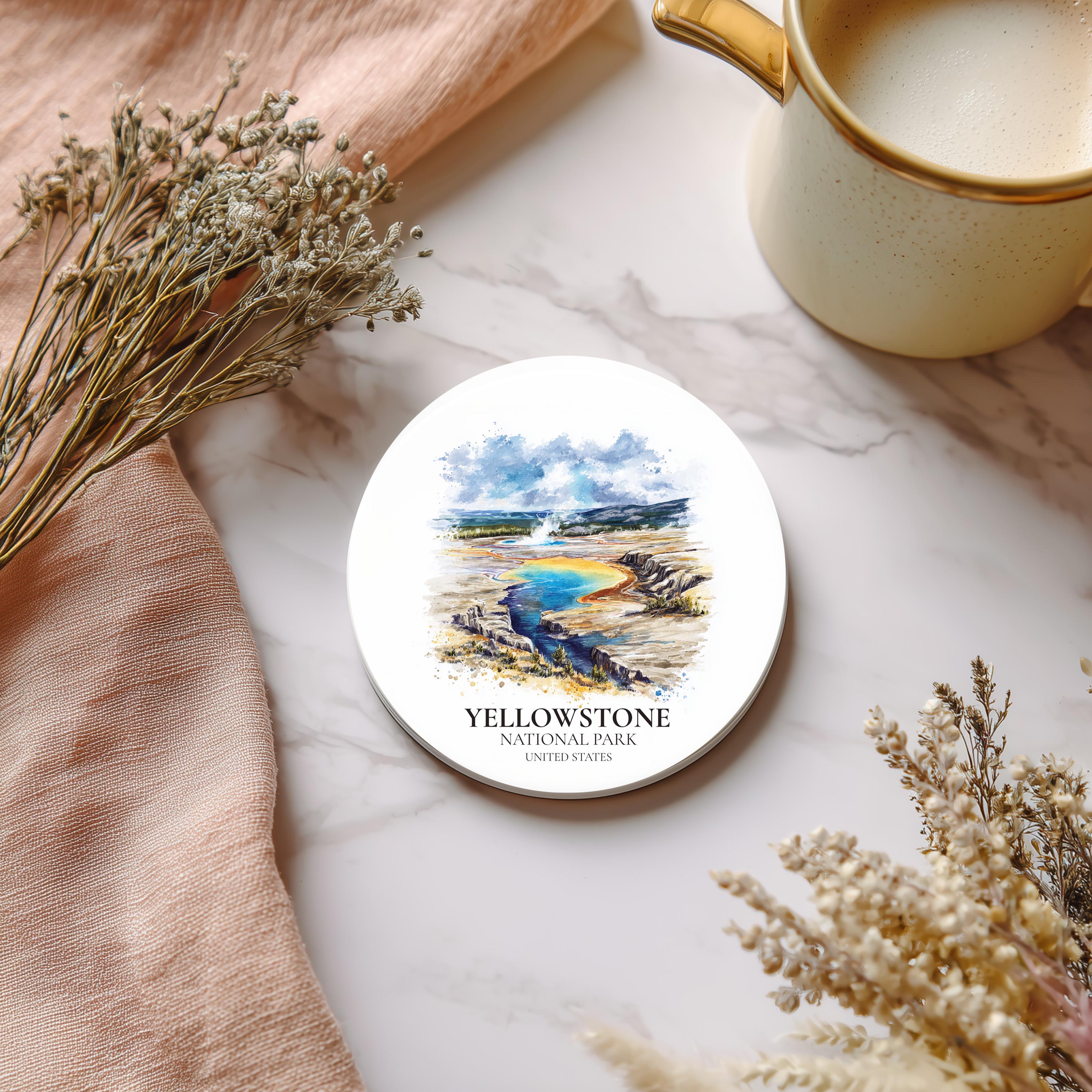Yellowstone National Park United States Coaster, Watercolor Personalized Painting, Travel Gift Souvenir, Home Decor, Ceramic Set