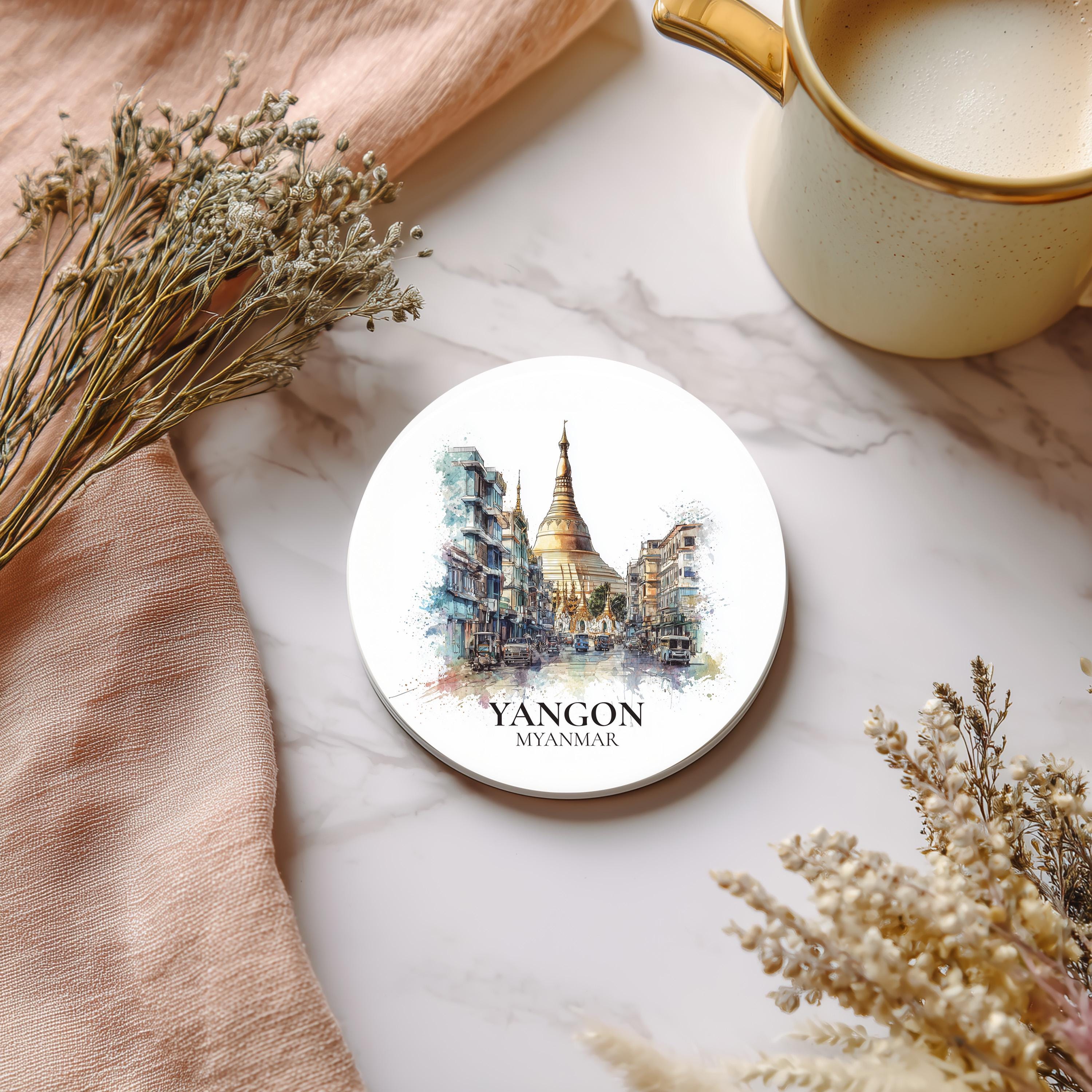 Yangon Myanmar Coaster, Watercolor Personalized Painting, Travel Gift Souvenir, Home Decor, Ceramic Set