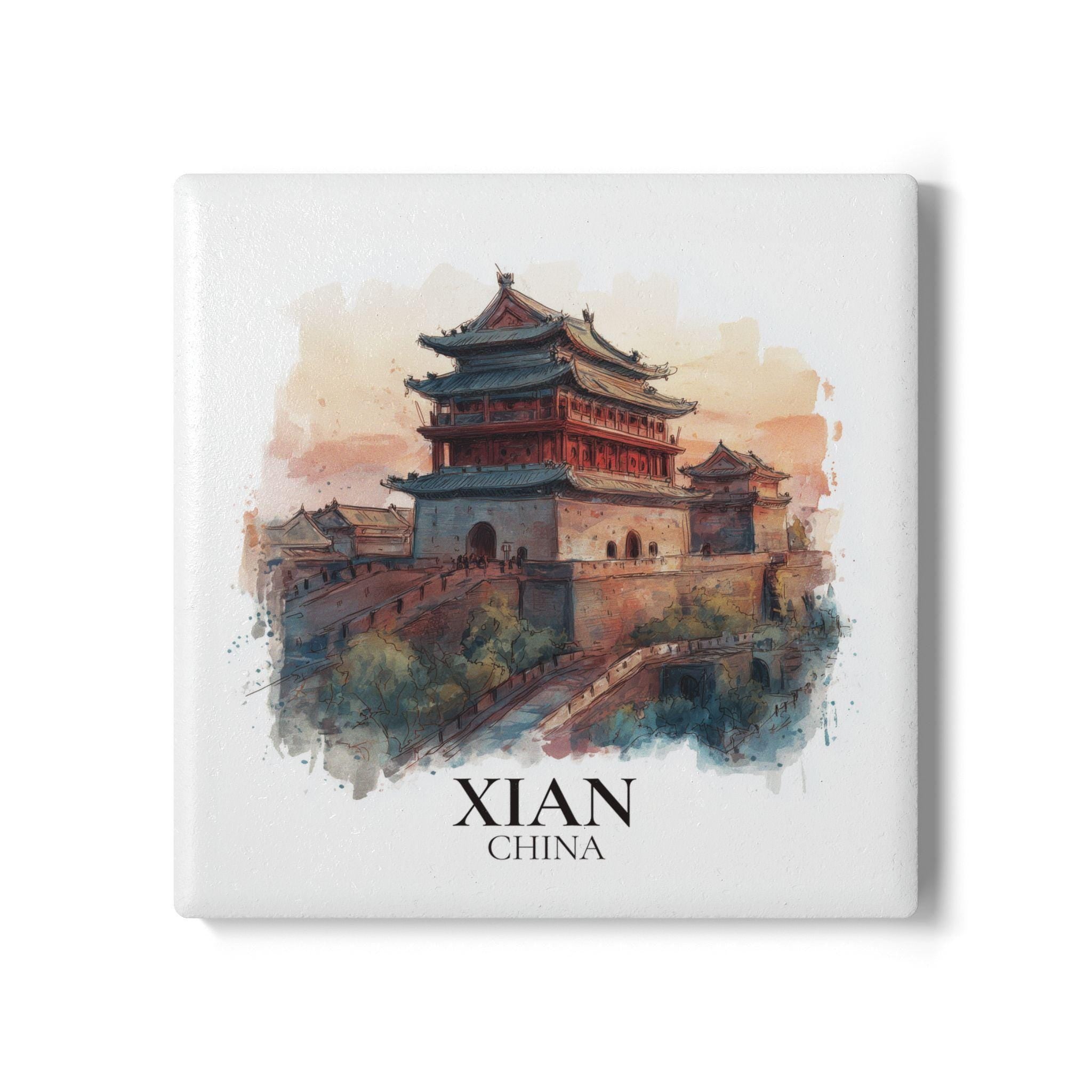 Xian China Coaster, Watercolor Personalized Painting, Travel Gift Souvenir, Home Decor, Ceramic Set