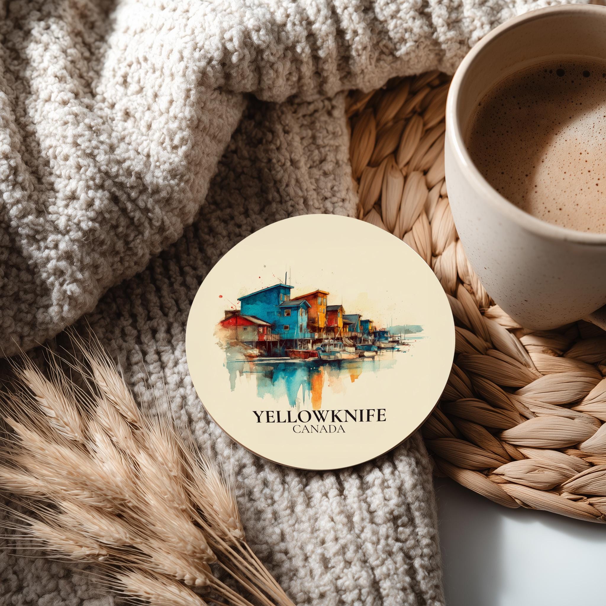 Yellowknife Northwest Territories Coaster, Watercolor Personalized Painting, Travel Gift Souvenir, Home Decor, Ceramic Set