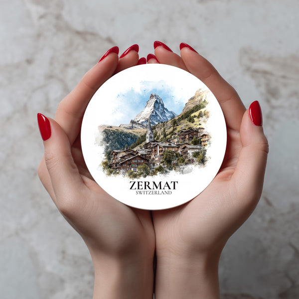 Zermatt Switzerland Coaster, Watercolor Personalized Painting, Travel Gift Souvenir, Home Decor, Ceramic Set