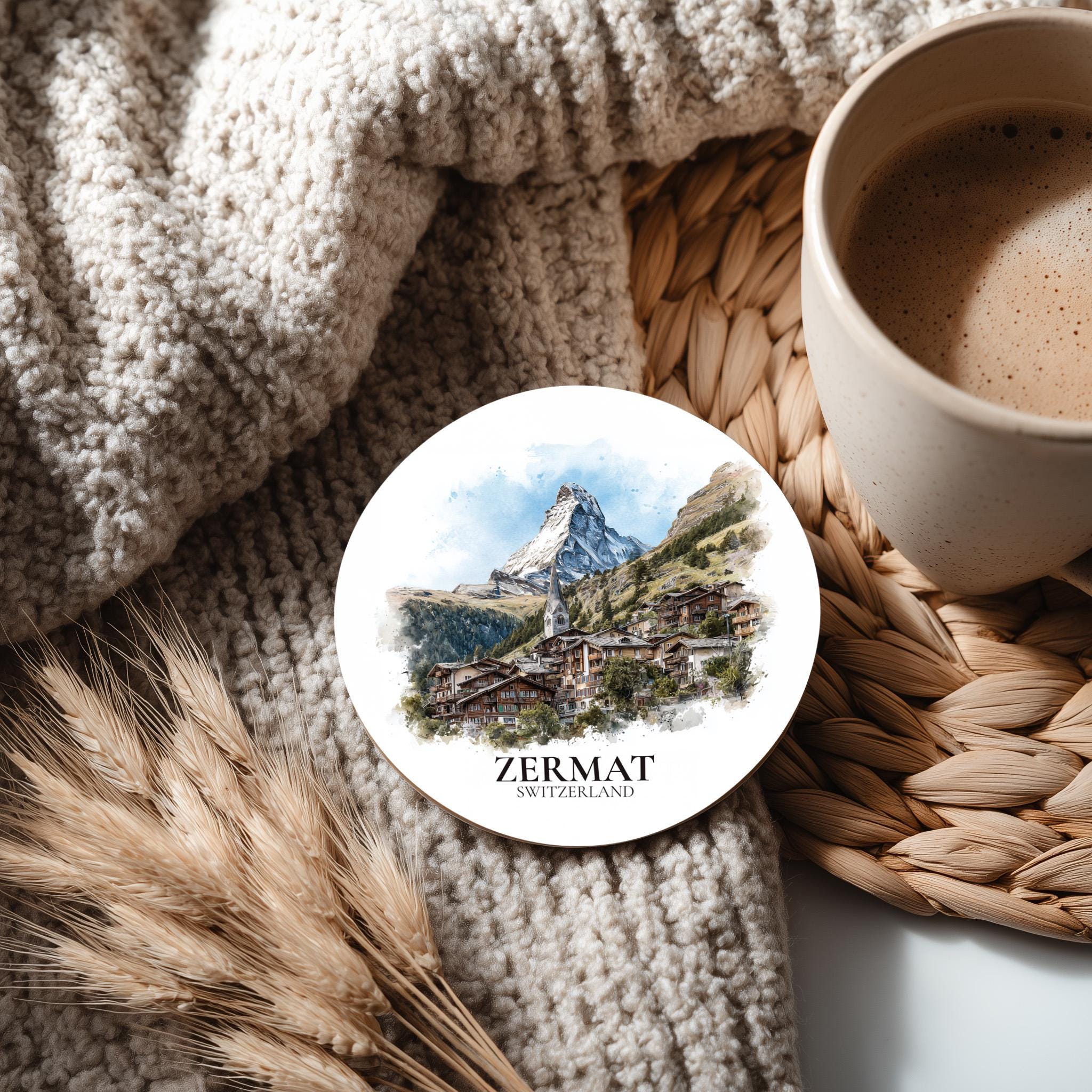 Zermatt Switzerland Coaster, Watercolor Personalized Painting, Travel Gift Souvenir, Home Decor, Ceramic Set