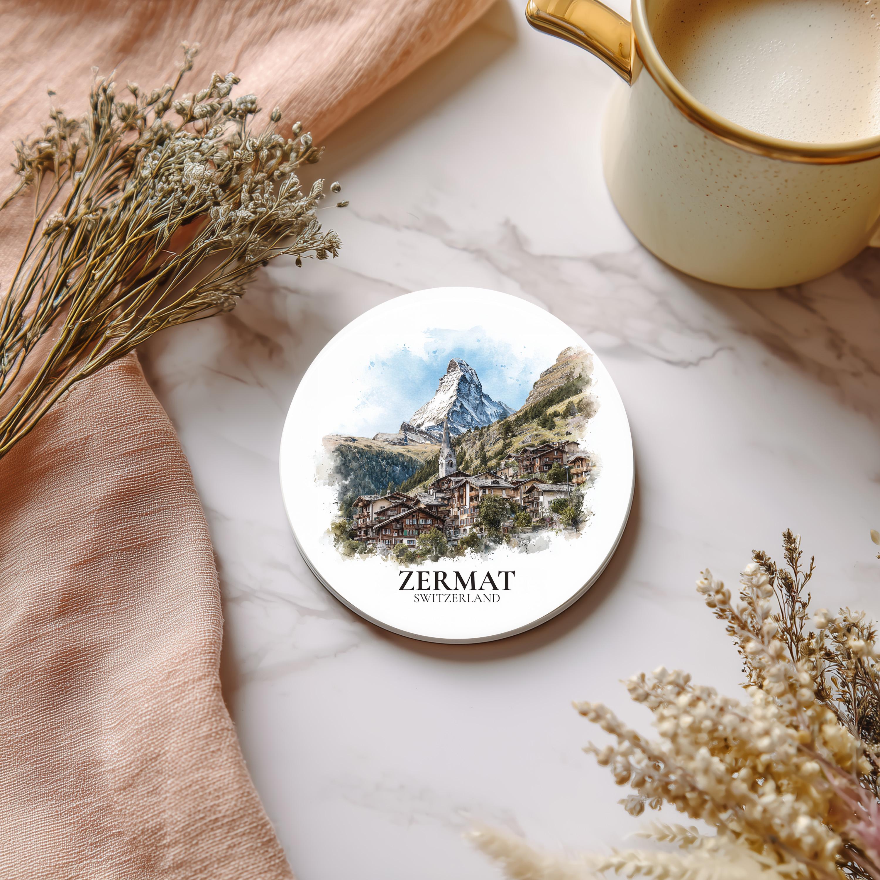 Zermatt Switzerland Coaster, Watercolor Personalized Painting, Travel Gift Souvenir, Home Decor, Ceramic Set