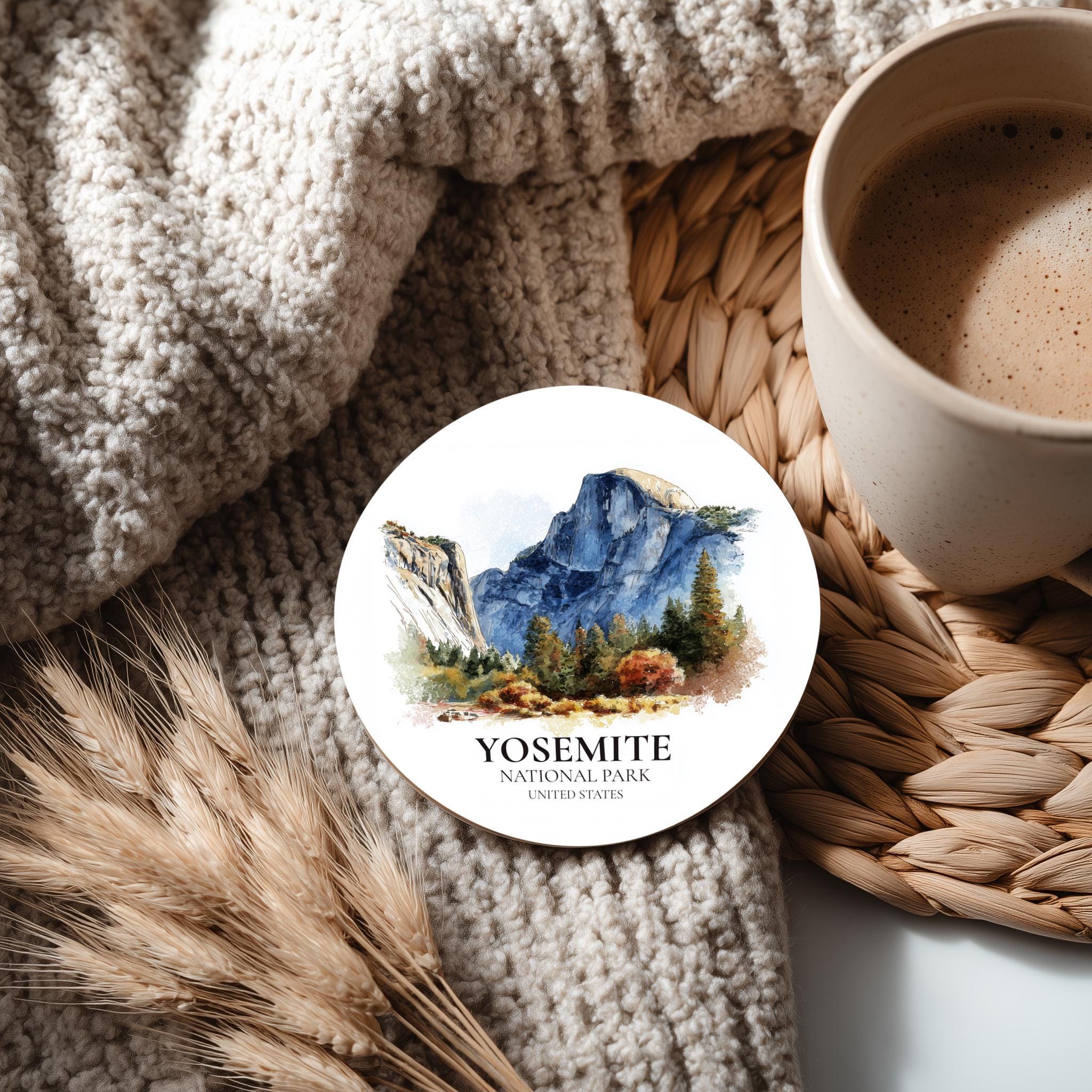 Yosemite National Park United States Coaster, Watercolor Personalized Painting, Travel Gift Souvenir, Home Decor, Ceramic Set