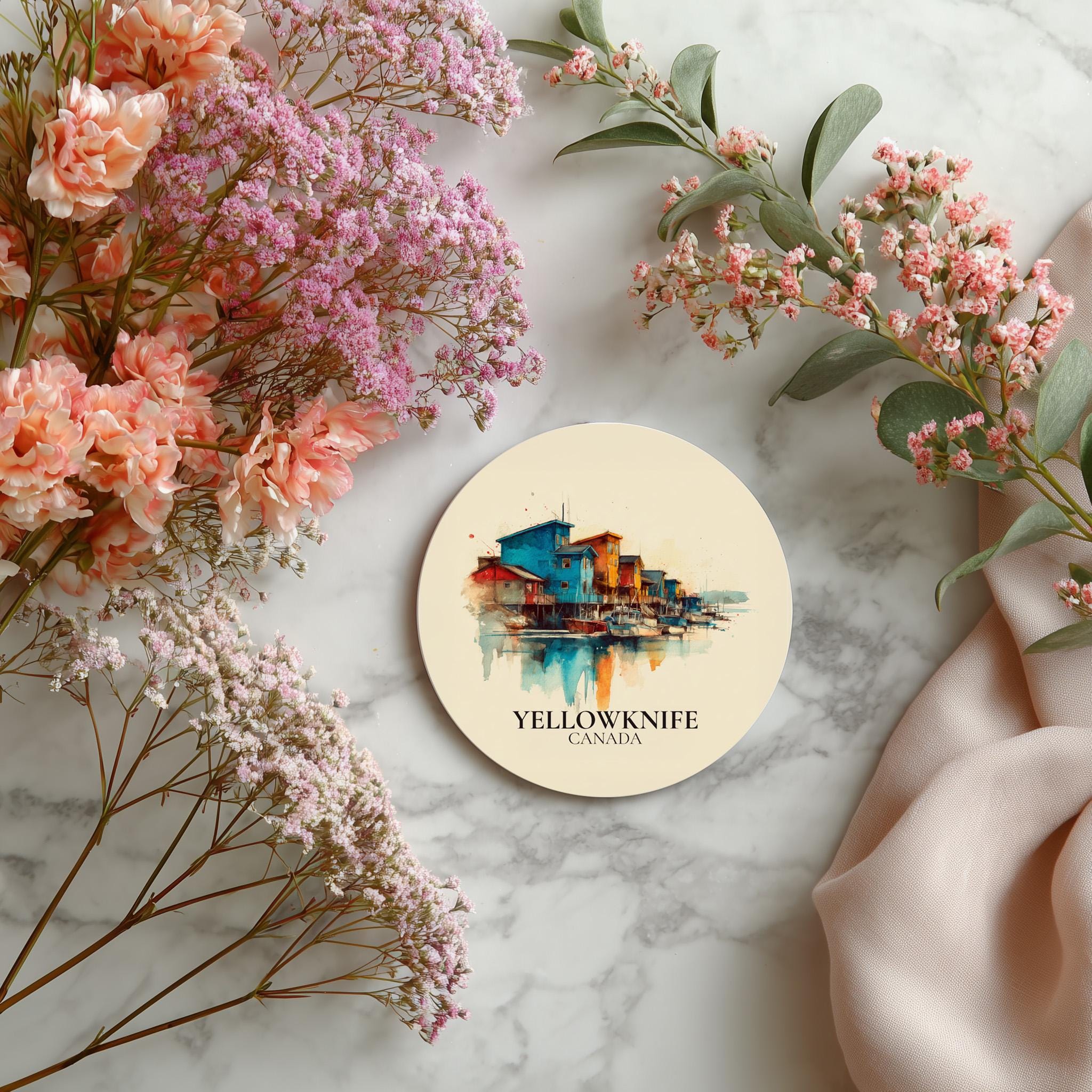 Yellowknife Northwest Territories Coaster, Watercolor Personalized Painting, Travel Gift Souvenir, Home Decor, Ceramic Set