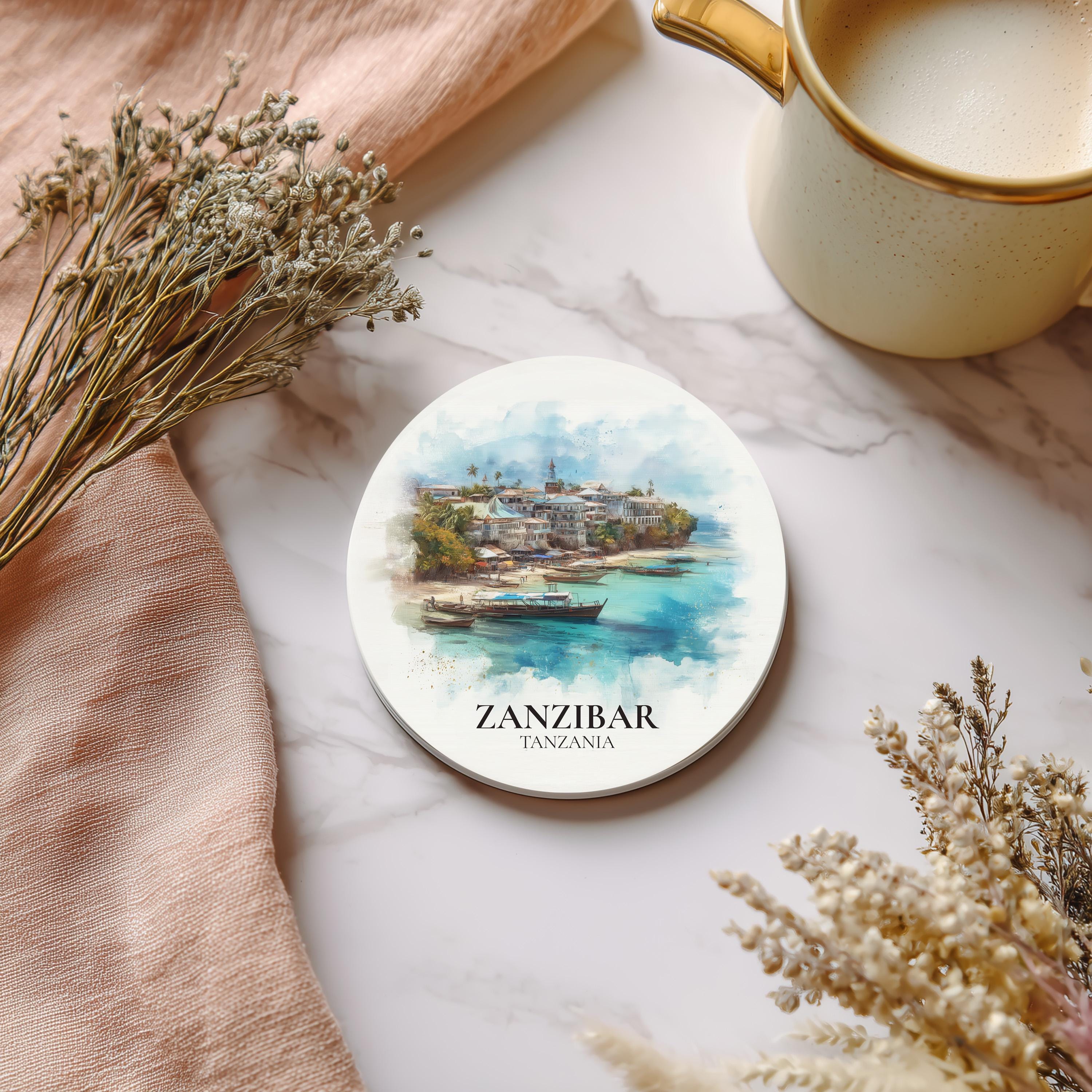 Zanzibar Tanzania Coaster, Watercolor Personalized Painting, Travel Gift Souvenir, Home Decor, Ceramic Set