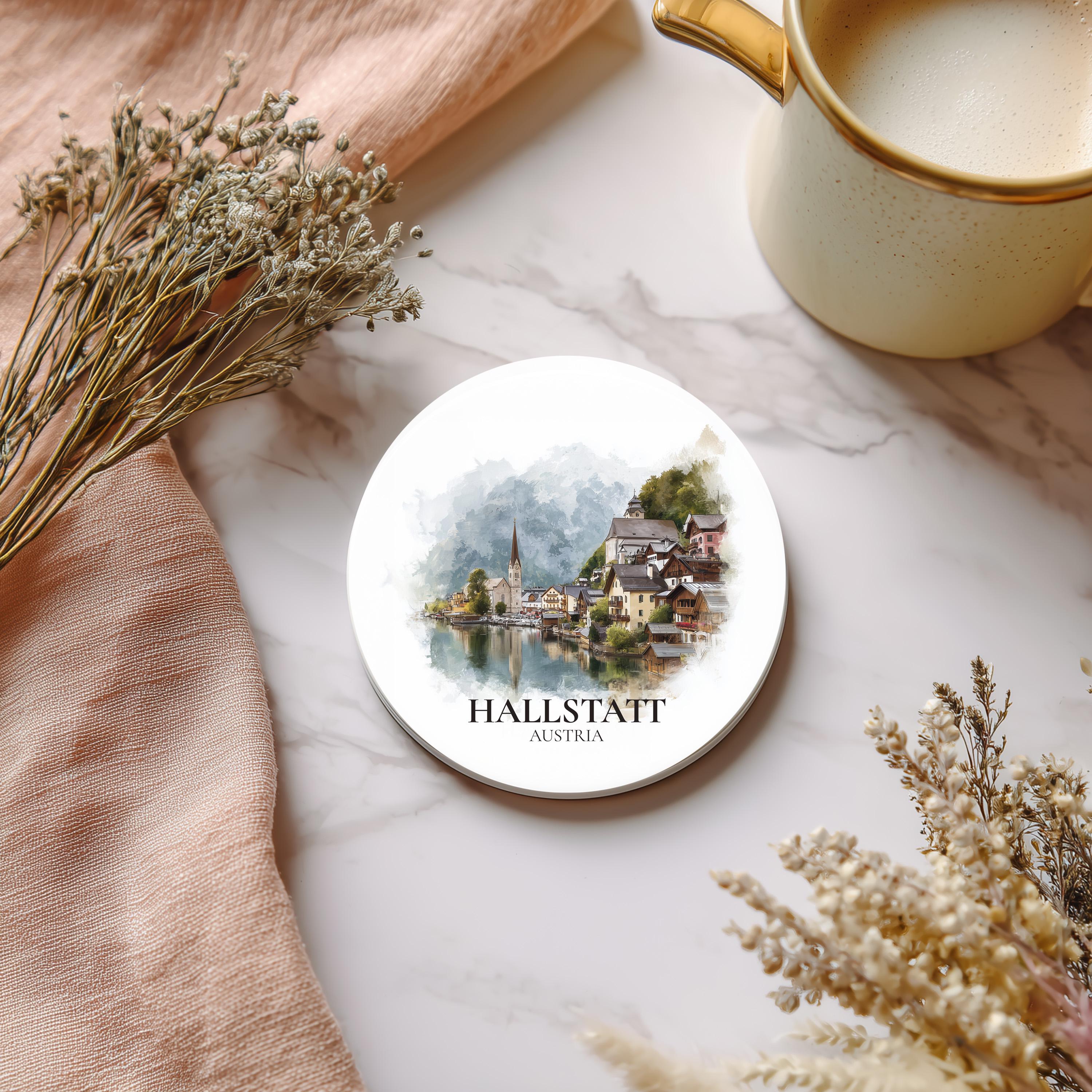 Hallstatt Austria Coaster, Watercolor Personalized Painting, Travel Gift Souvenir, Home Decor, Ceramic Set