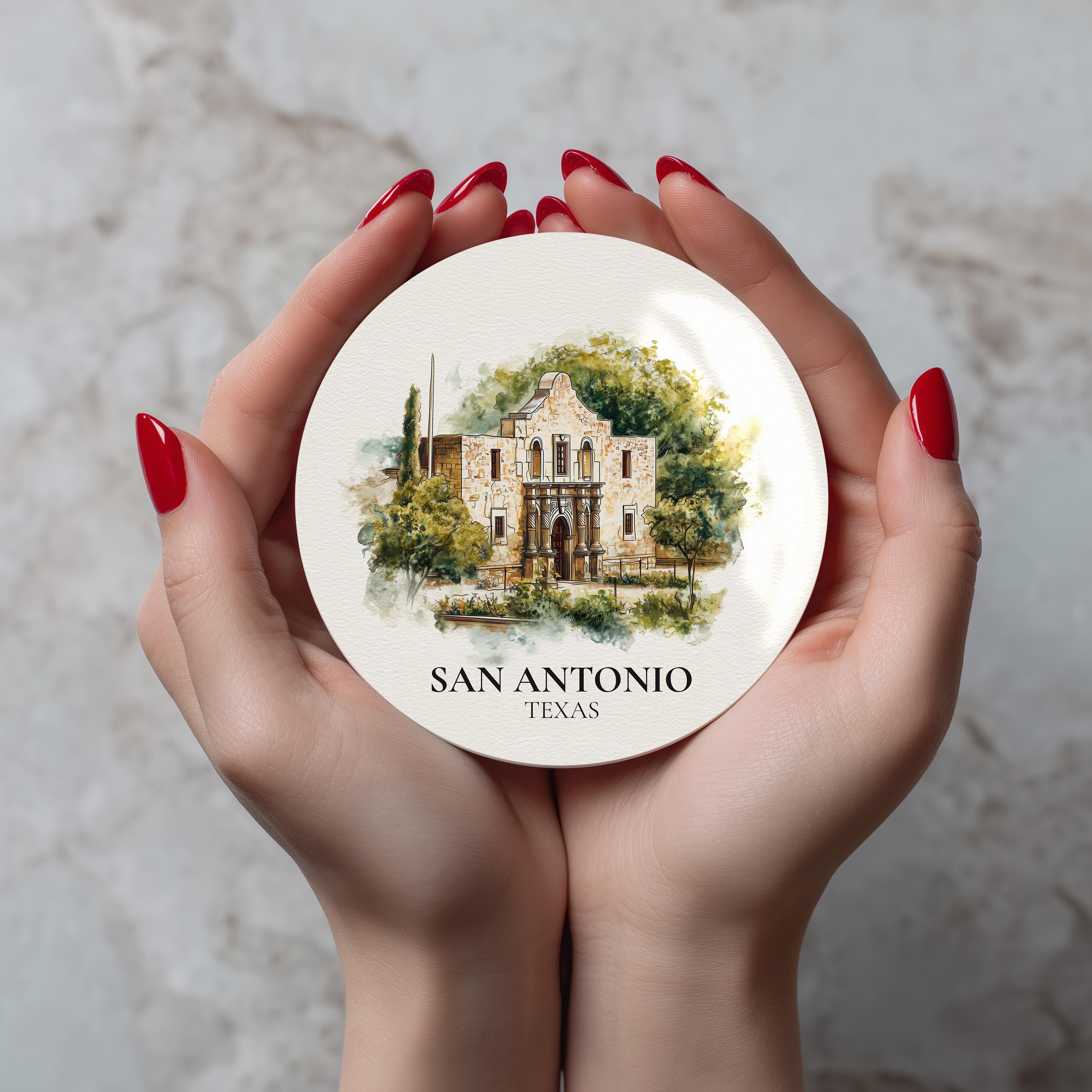 San Antonio Texas Coaster, Watercolor Personalized Painting, Travel Gift Souvenir, Home Decor, Ceramic Set