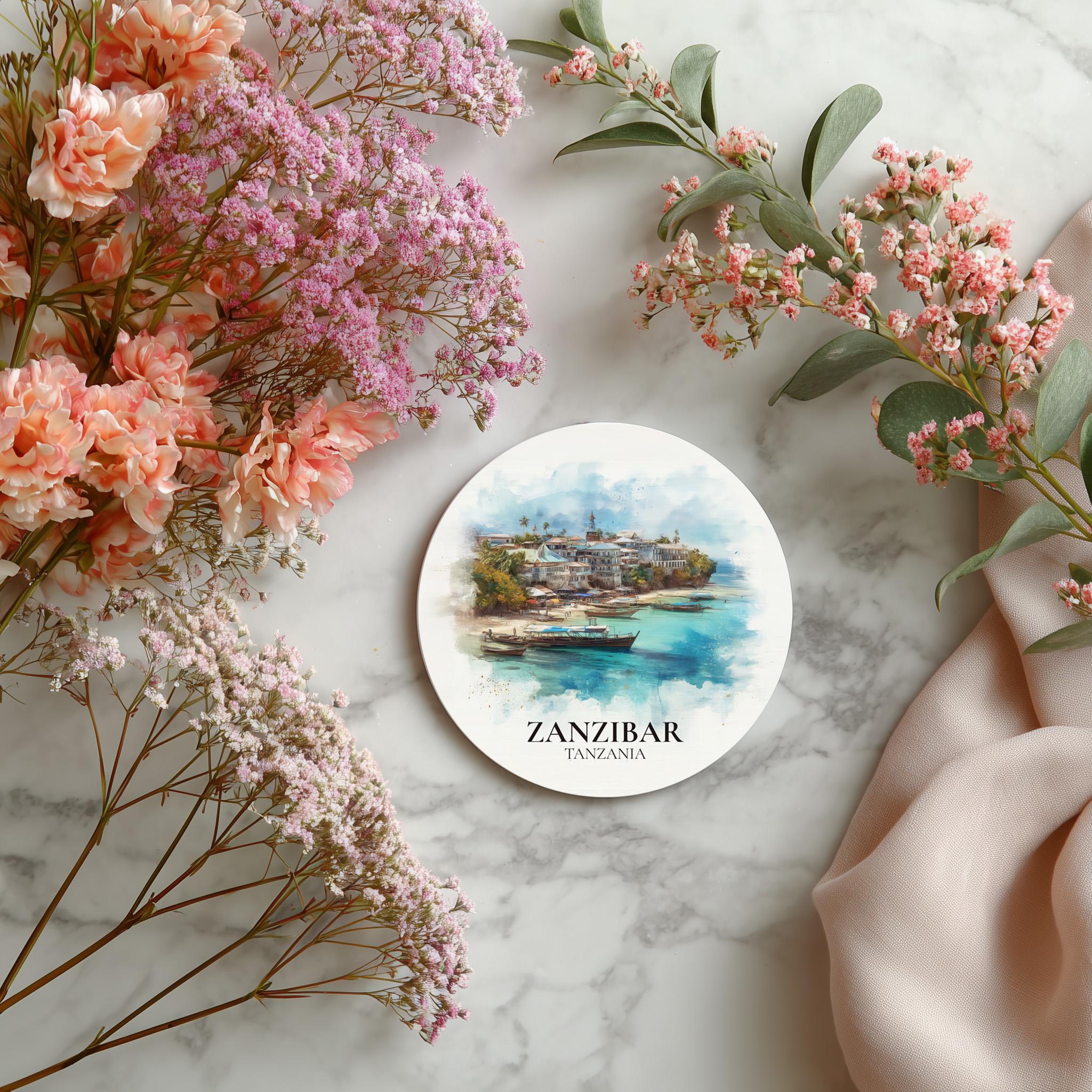 Zanzibar Tanzania Coaster, Watercolor Personalized Painting, Travel Gift Souvenir, Home Decor, Ceramic Set