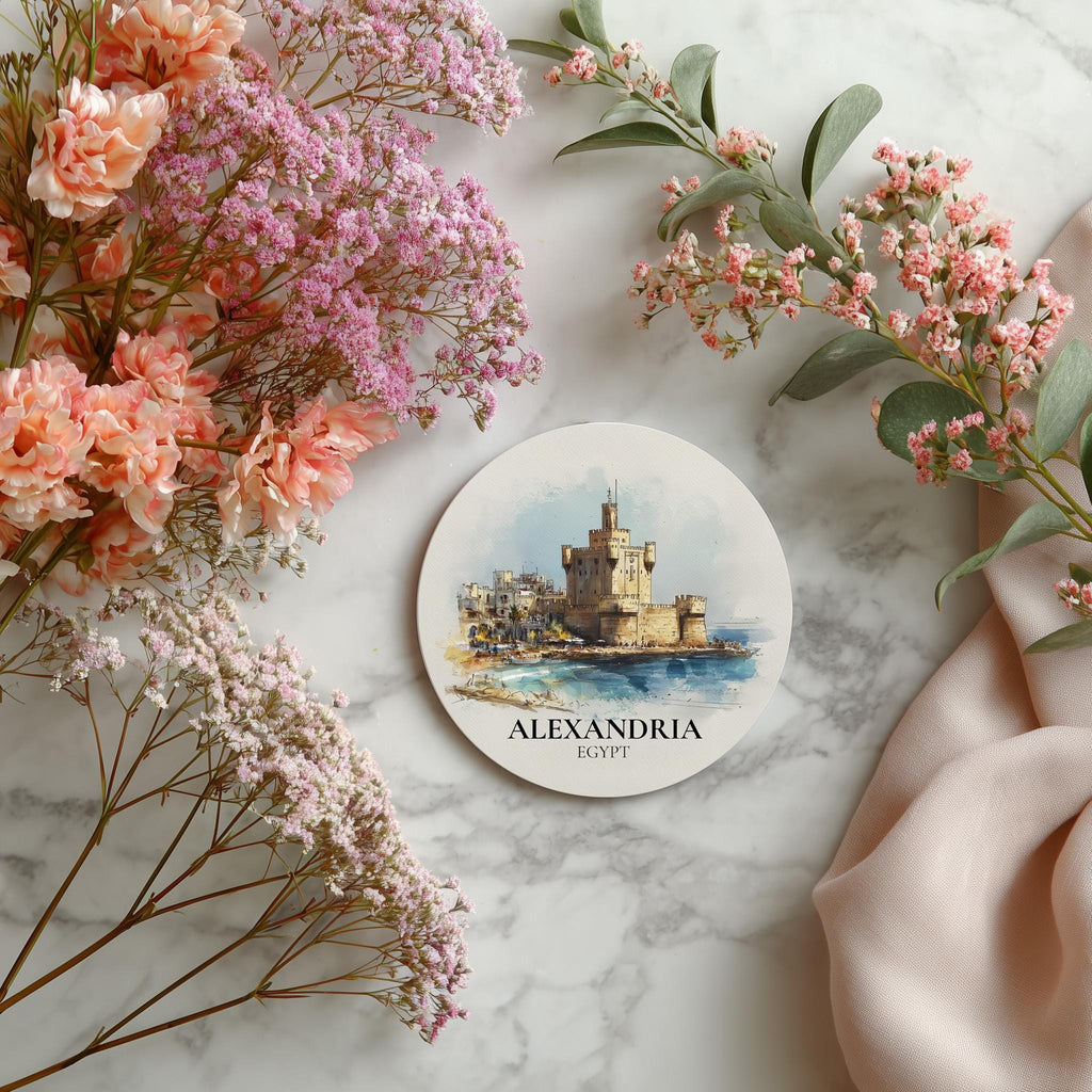 Alexandria Egypt Coaster, Watercolor Personalized Painting, Travel Gift Souvenir, Home Decor, Ceramic Set