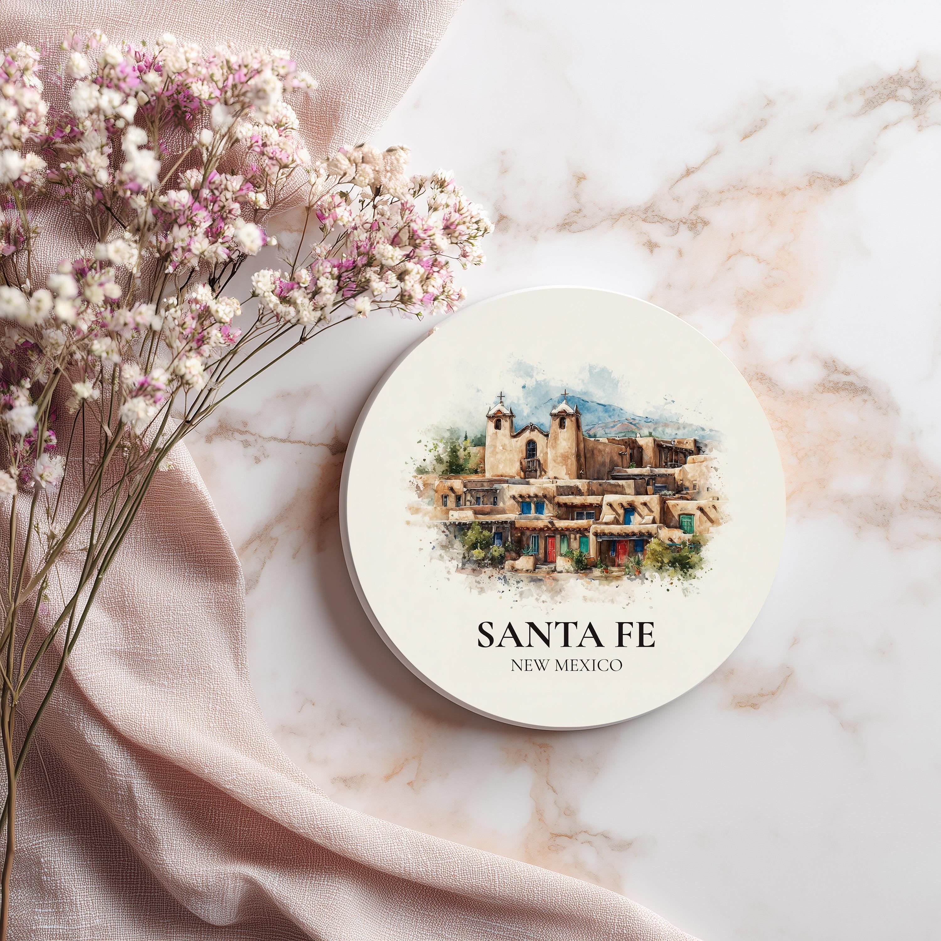 Santa Fe New Mexico Coaster, Watercolor Personalized Painting, Travel Gift Souvenir, Home Decor, Ceramic Set