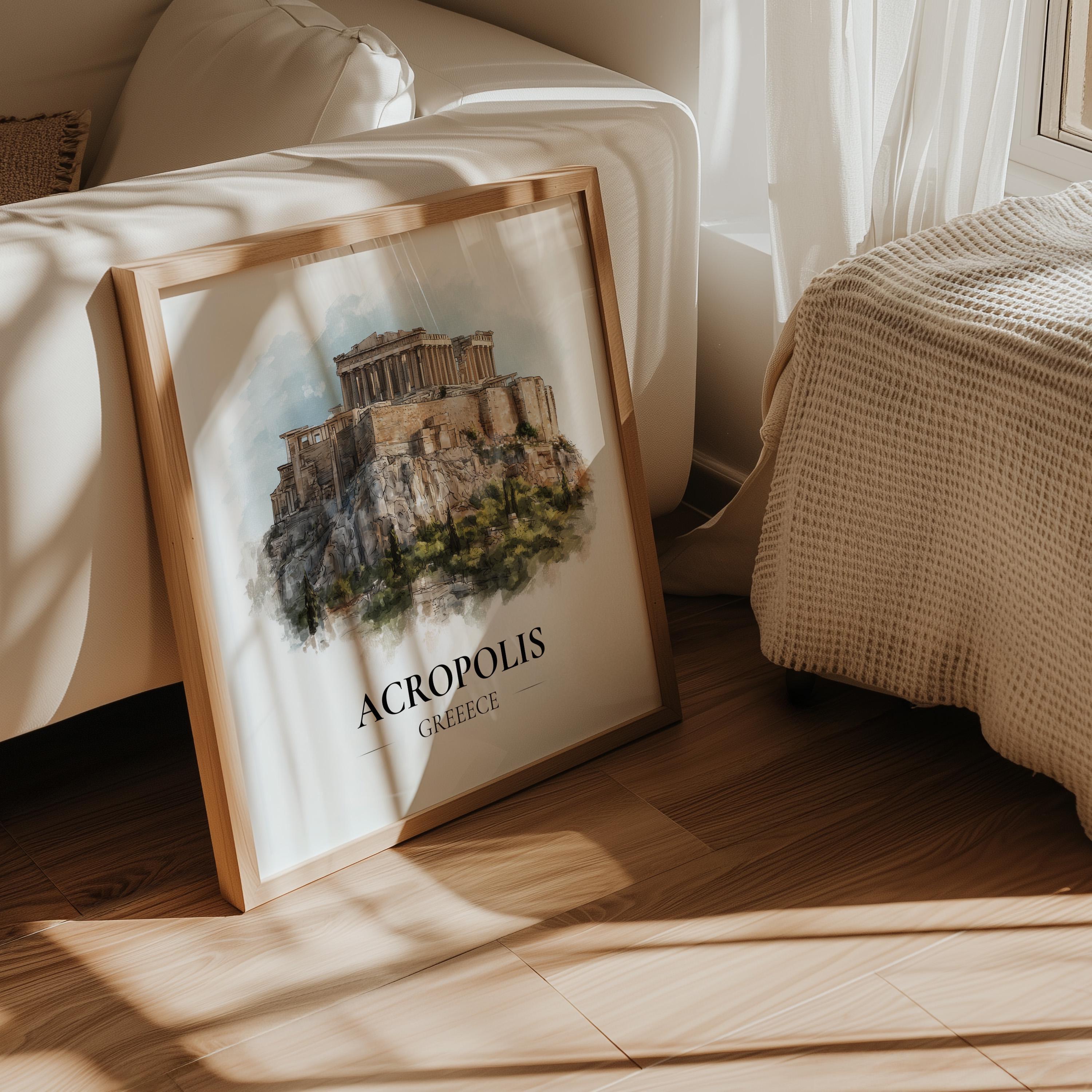 Acropolis Greece Watercolor Wall Art Print, Custom Travel Poster, World Locations Keepsake Gift