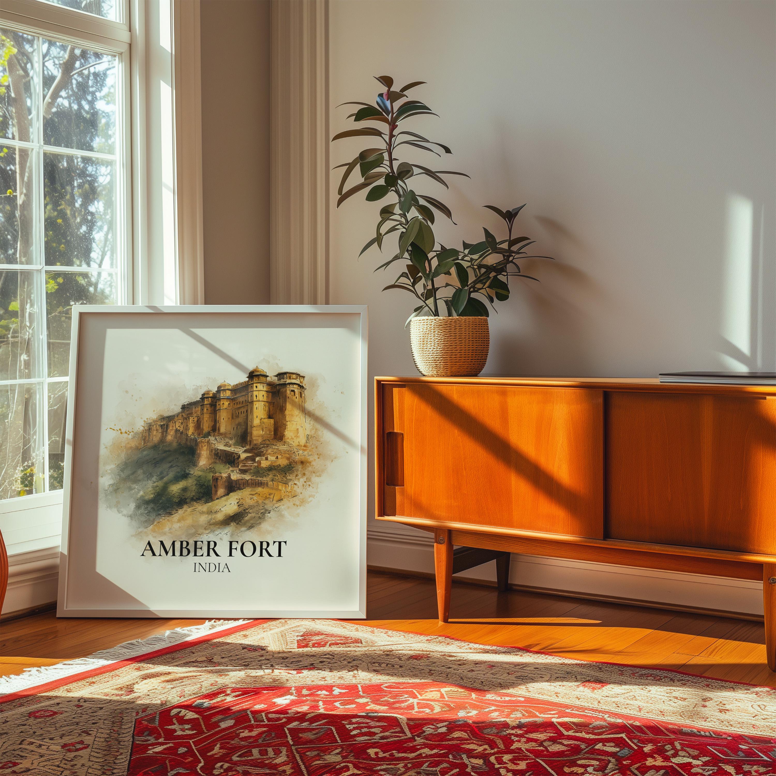 Amber Fort India Watercolor Wall Art Print, Custom Travel Poster, World Locations Keepsake Gift