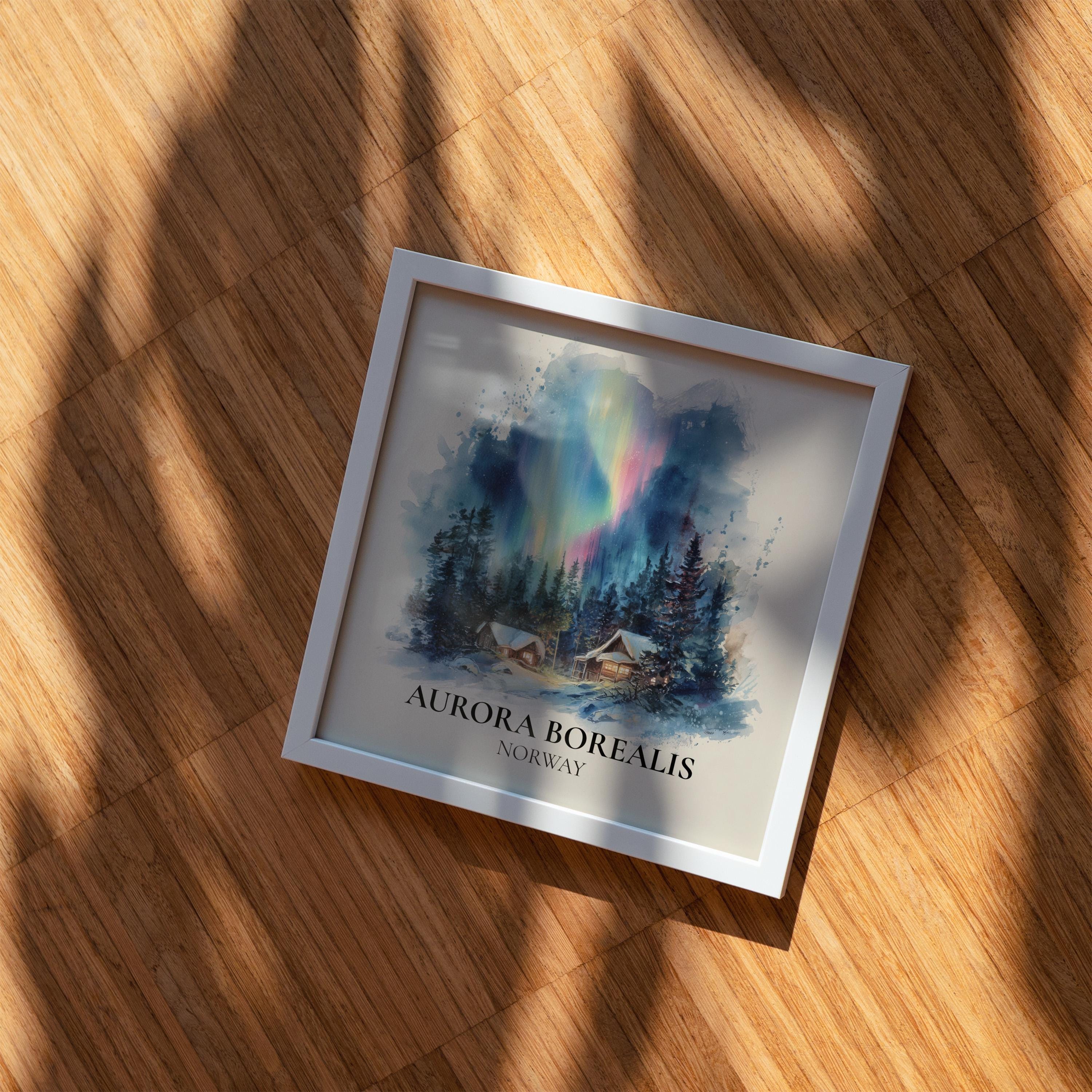 Aurora Borealis Norway Watercolor Wall Art Print, Custom Travel Poster, World Locations Keepsake Gift