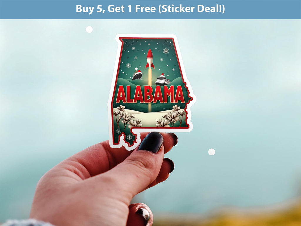 Alabama Christmas Sticker, Vintage States Xmas Vinyl Decals Waterproof, Retro Holiday Gift, Scrapbook Tumbler