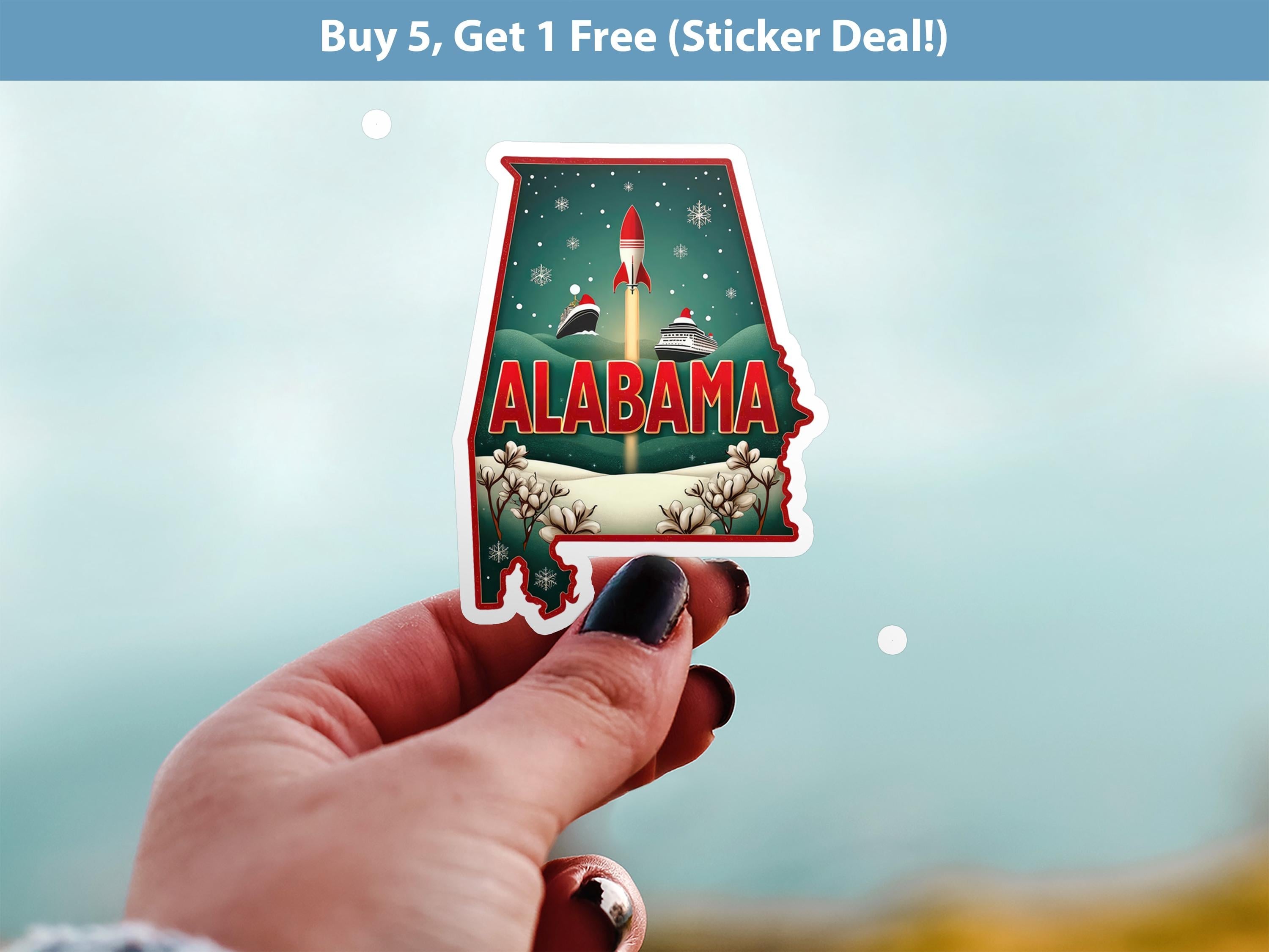 Alabama Christmas Sticker, Vintage States Xmas Vinyl Decals Waterproof, Retro Holiday Gift, Scrapbook Tumbler