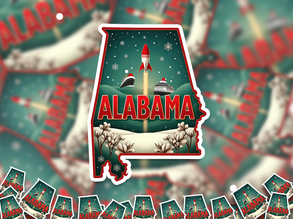 Alabama Christmas Sticker, Vintage States Xmas Vinyl Decals Waterproof, Retro Holiday Gift, Scrapbook Tumbler