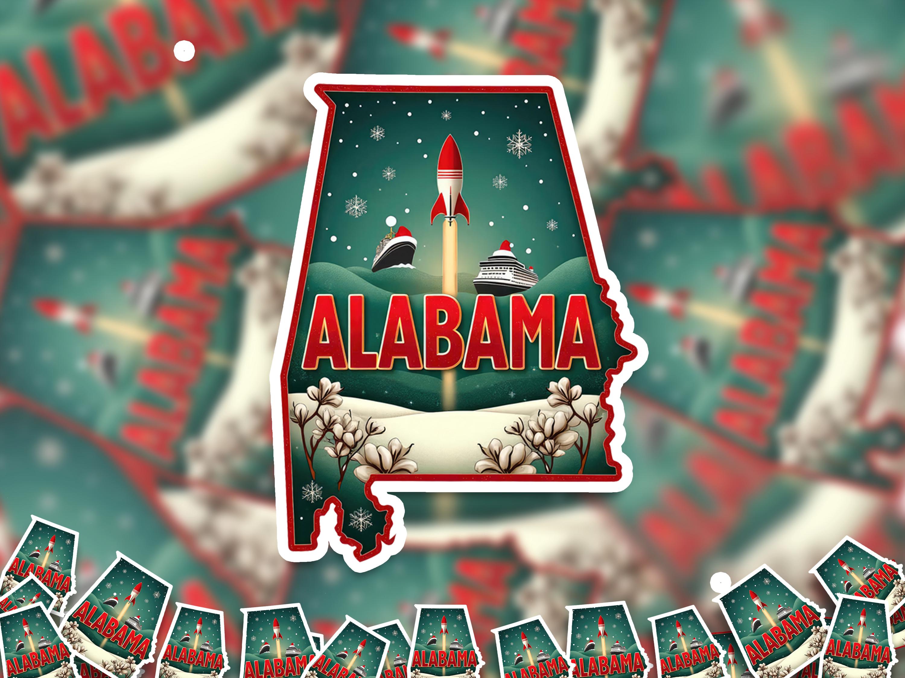 Alabama Christmas Sticker, Vintage States Xmas Vinyl Decals Waterproof, Retro Holiday Gift, Scrapbook Tumbler