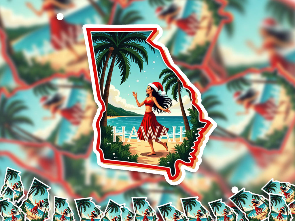 Hawaii Christmas Sticker, Vintage States Xmas Vinyl Decals Waterproof, Retro Laptop, Scrapbook Tumbler