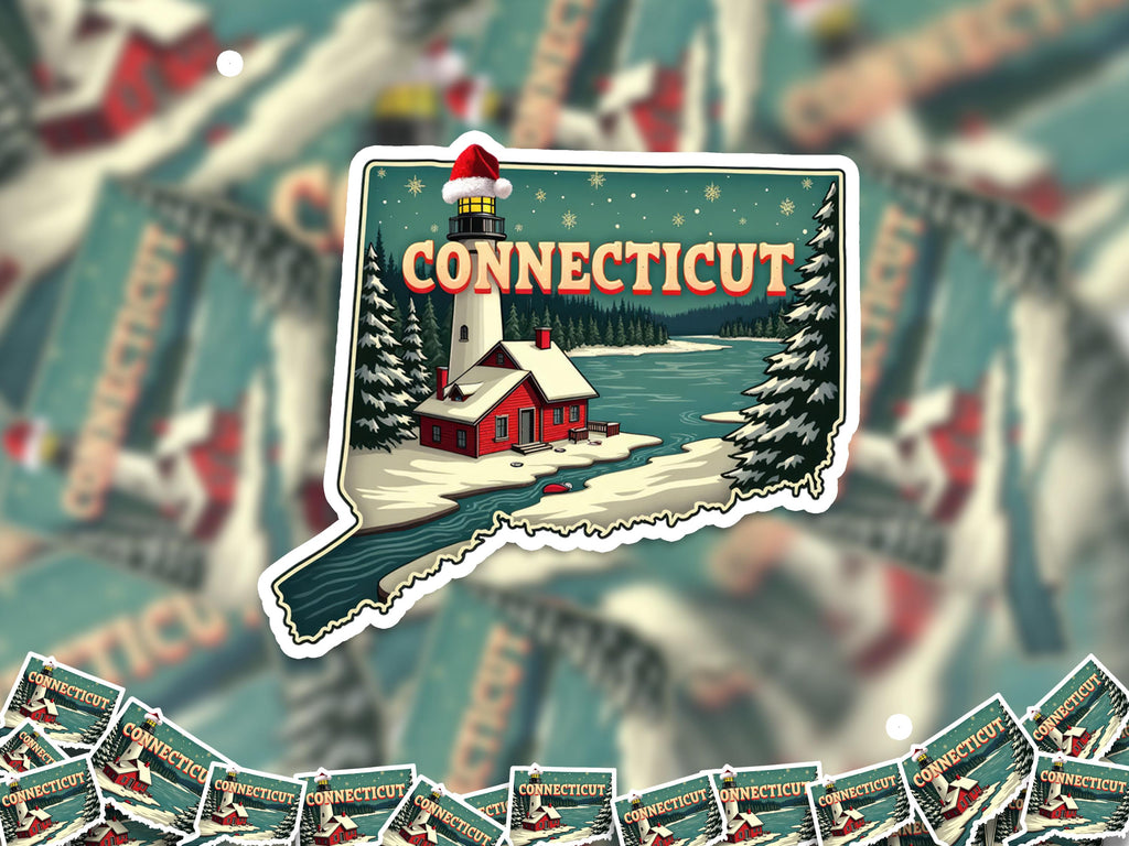Connecticut Christmas Sticker, Vintage States Xmas Vinyl Decals Waterproof, Retro Laptop, Scrapbook Tumbler