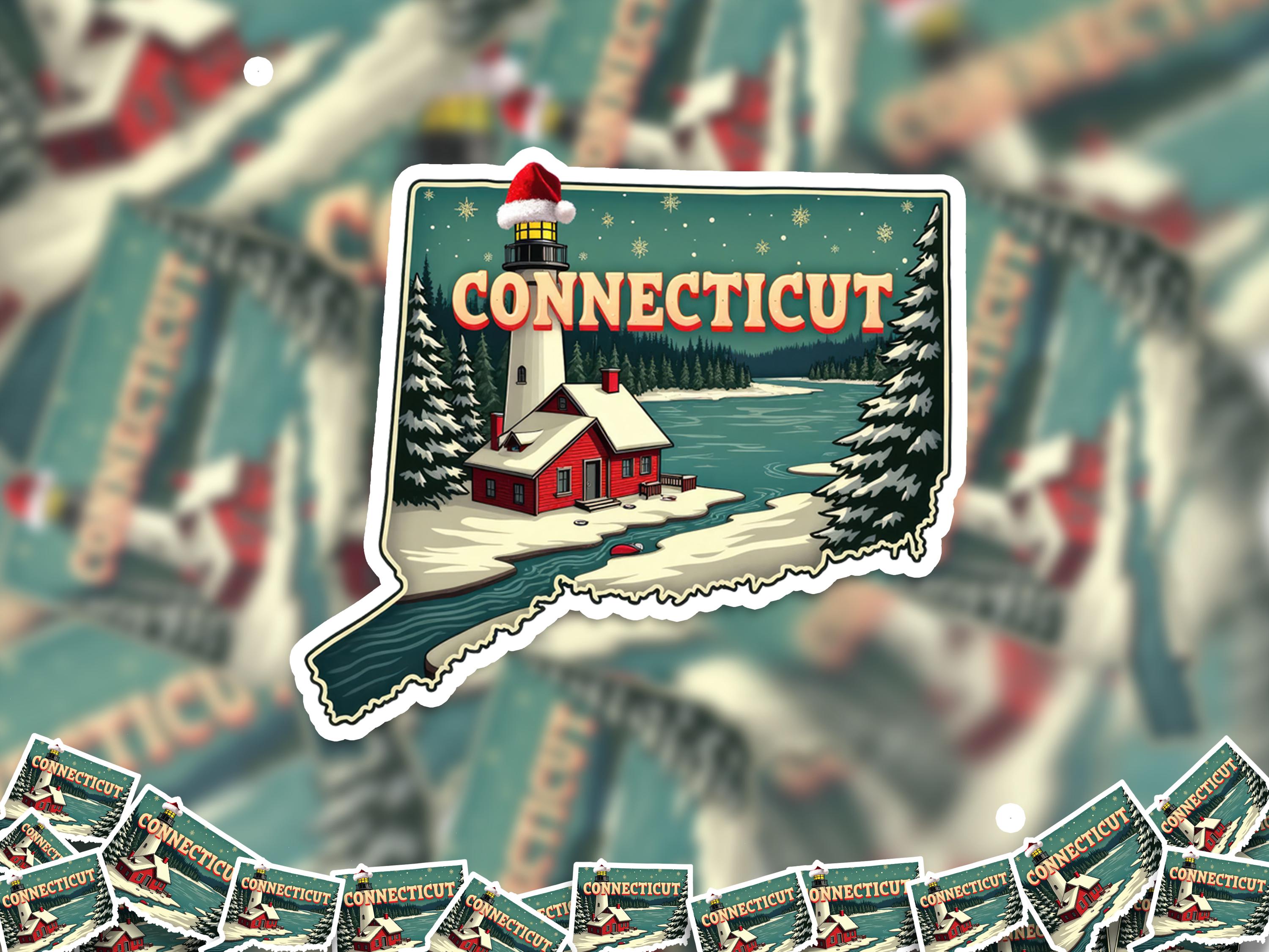 Connecticut Christmas Sticker, Vintage States Xmas Vinyl Decals Waterproof, Retro Laptop, Scrapbook Tumbler