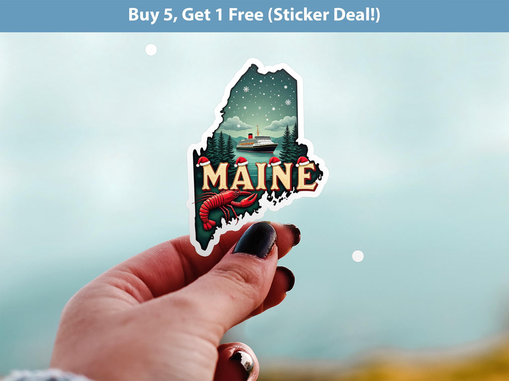 Maine Christmas Sticker, Vintage States Xmas Vinyl Decals Waterproof, Retro Laptop, Scrapbook Tumbler