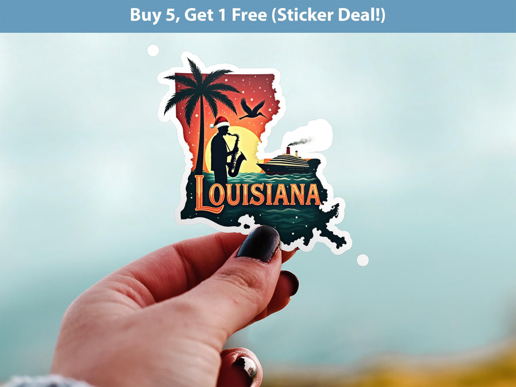 Louisiana Christmas Sticker, Vintage States Xmas Vinyl Decals Waterproof, Retro Laptop, Scrapbook Tumbler