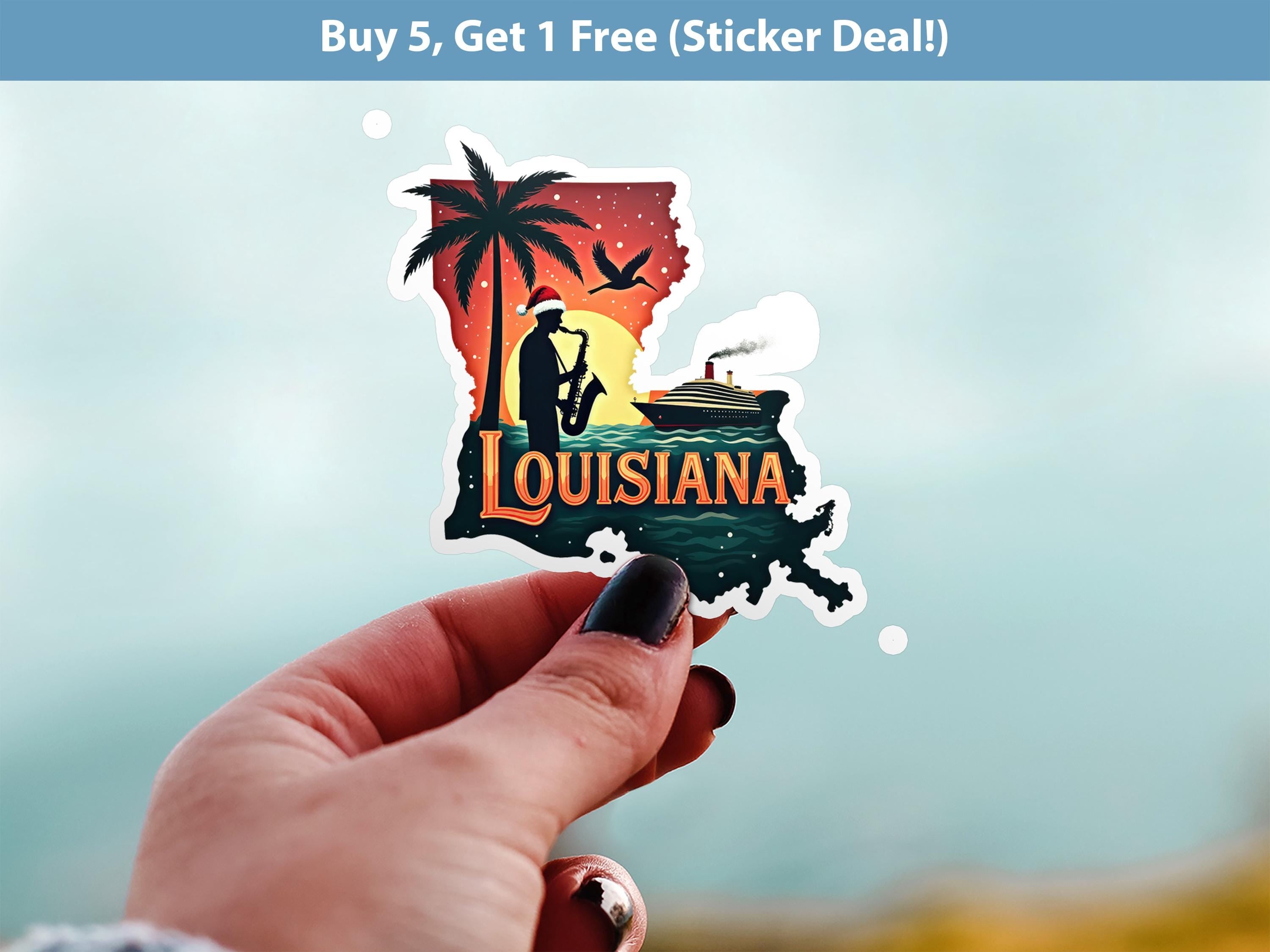 Louisiana Christmas Sticker, Vintage States Xmas Vinyl Decals Waterproof, Retro Laptop, Scrapbook Tumbler