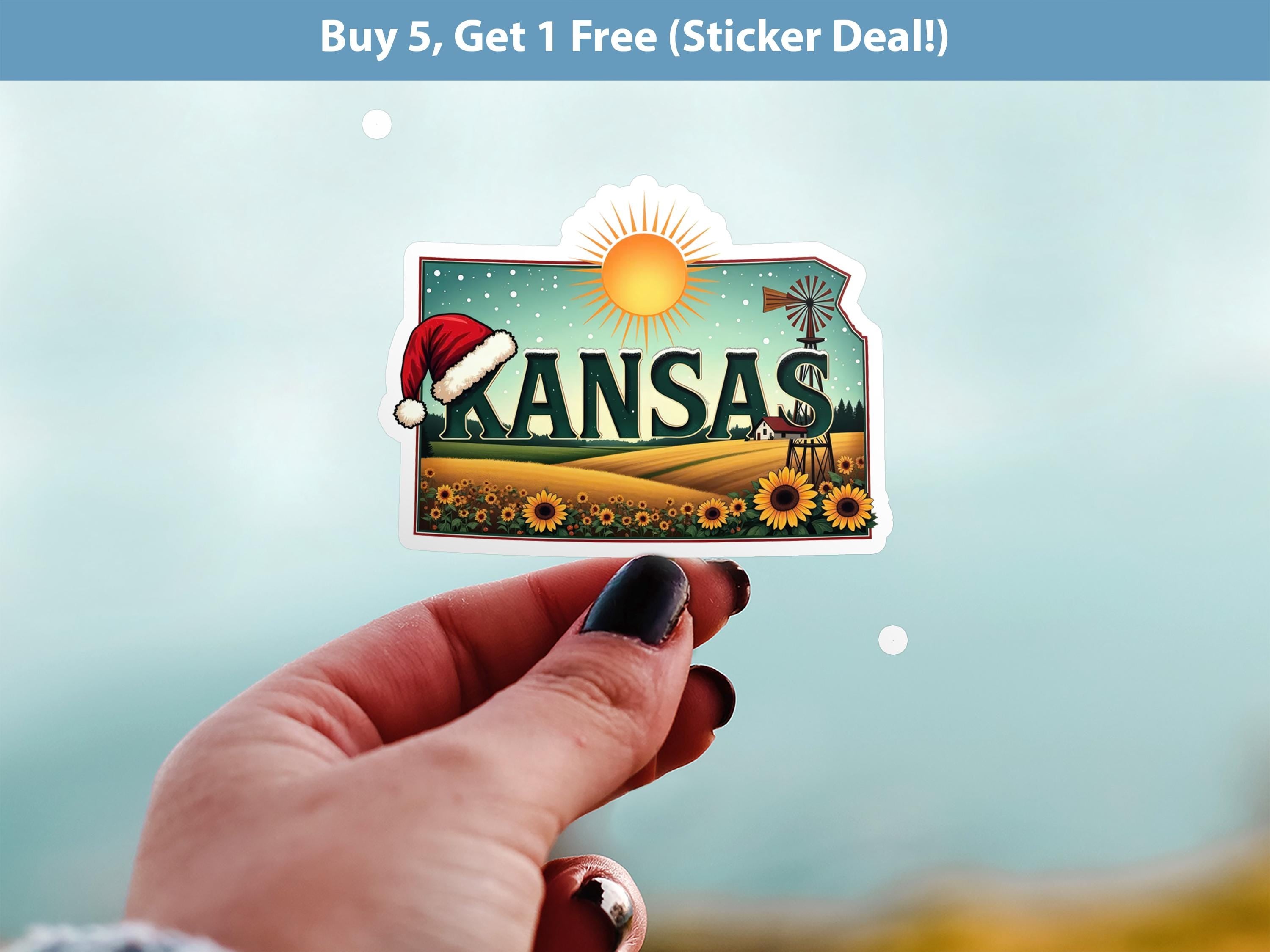 Kansas Christmas Sticker, Vintage States Xmas Vinyl Decals Waterproof, Retro Laptop, Scrapbook Tumbler