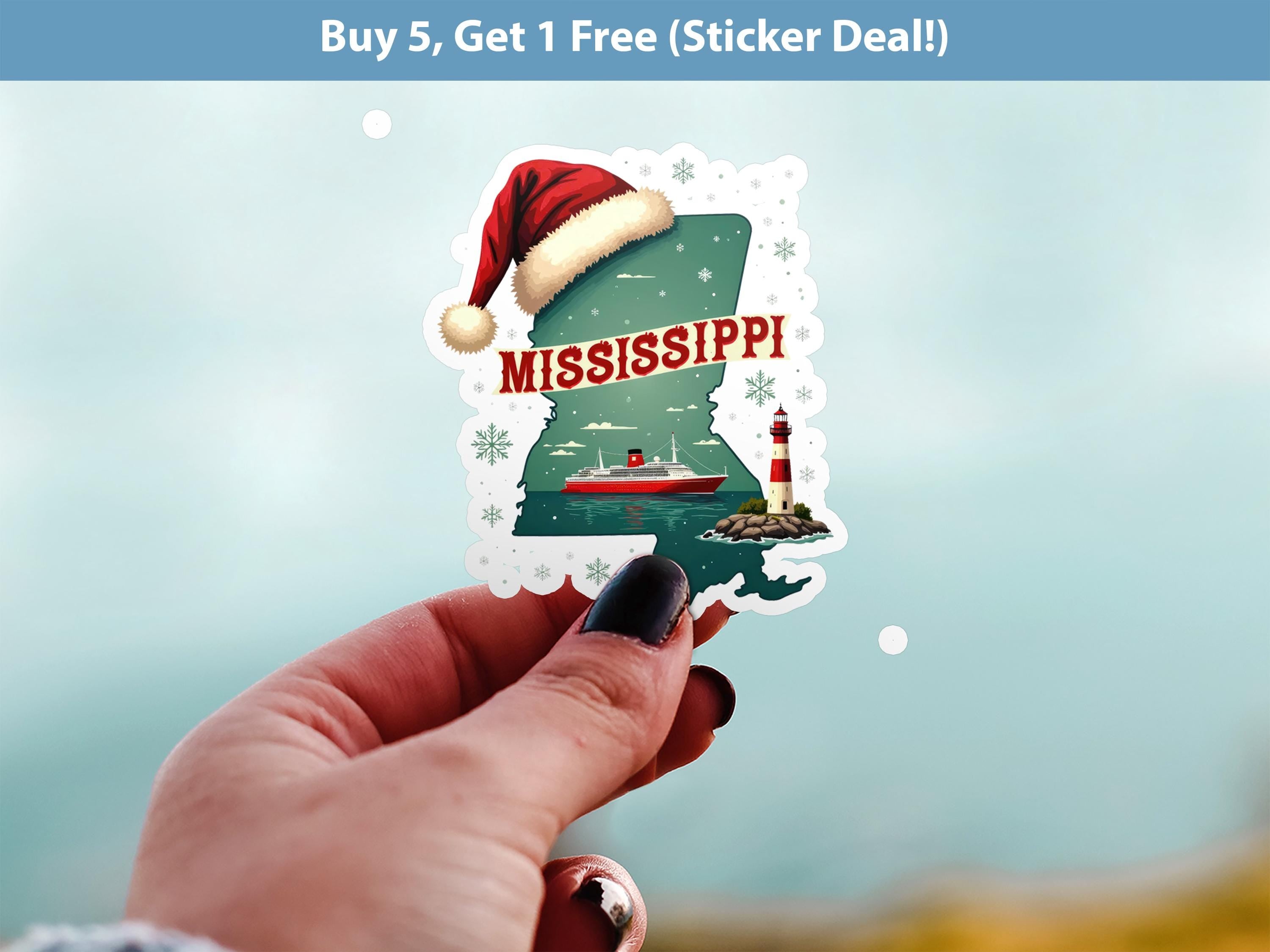 Mississippi Christmas Sticker, Vintage States Xmas Vinyl Decals Waterproof, Retro Laptop, Scrapbook Tumbler