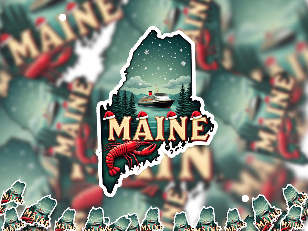 Maine Christmas Sticker, Vintage States Xmas Vinyl Decals Waterproof, Retro Laptop, Scrapbook Tumbler
