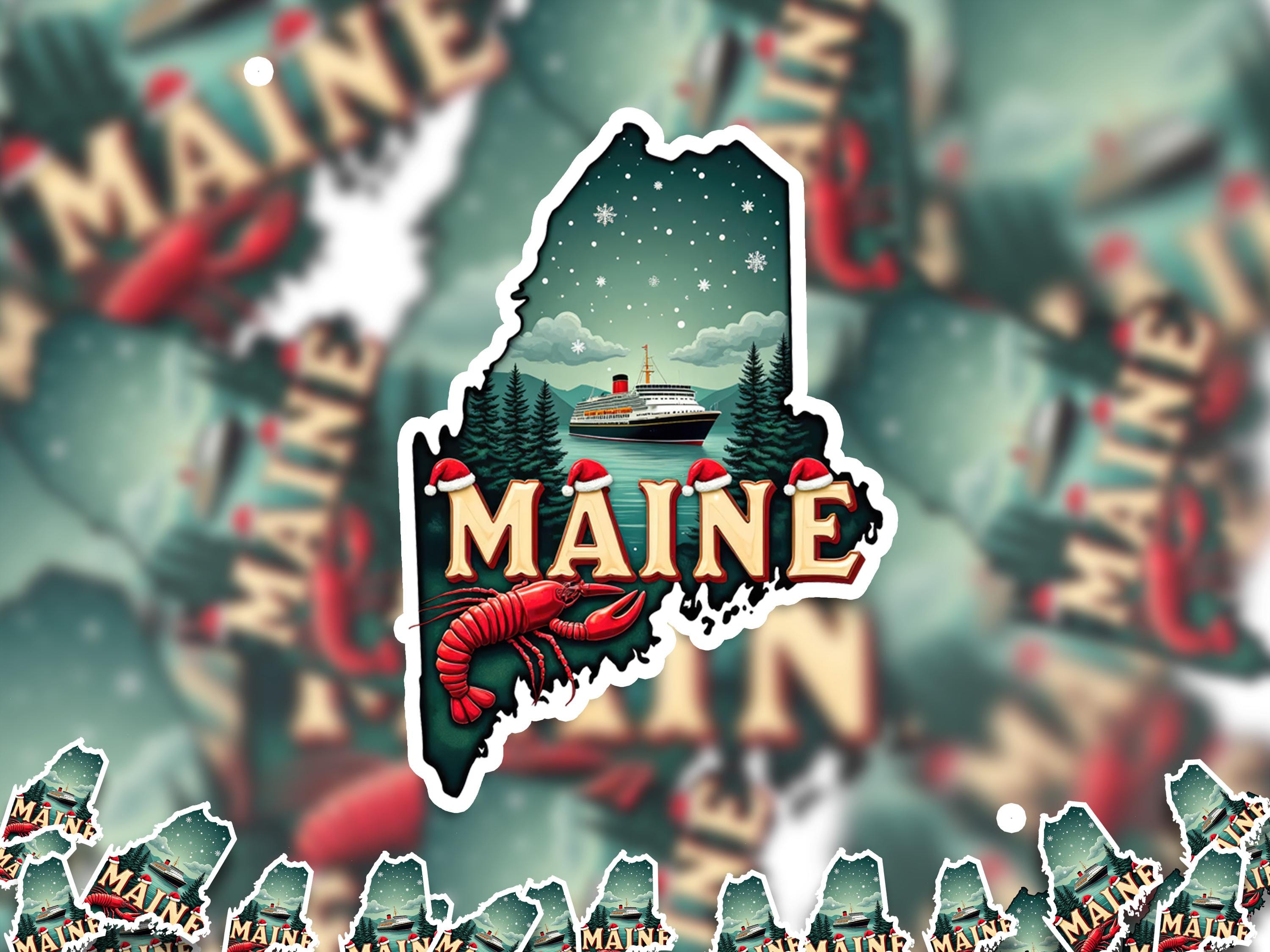 Maine Christmas Sticker, Vintage States Xmas Vinyl Decals Waterproof, Retro Laptop, Scrapbook Tumbler