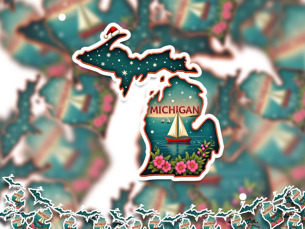 Michigan Christmas Sticker, Vintage States Xmas Vinyl Decals Waterproof, Retro Laptop, Scrapbook Tumbler