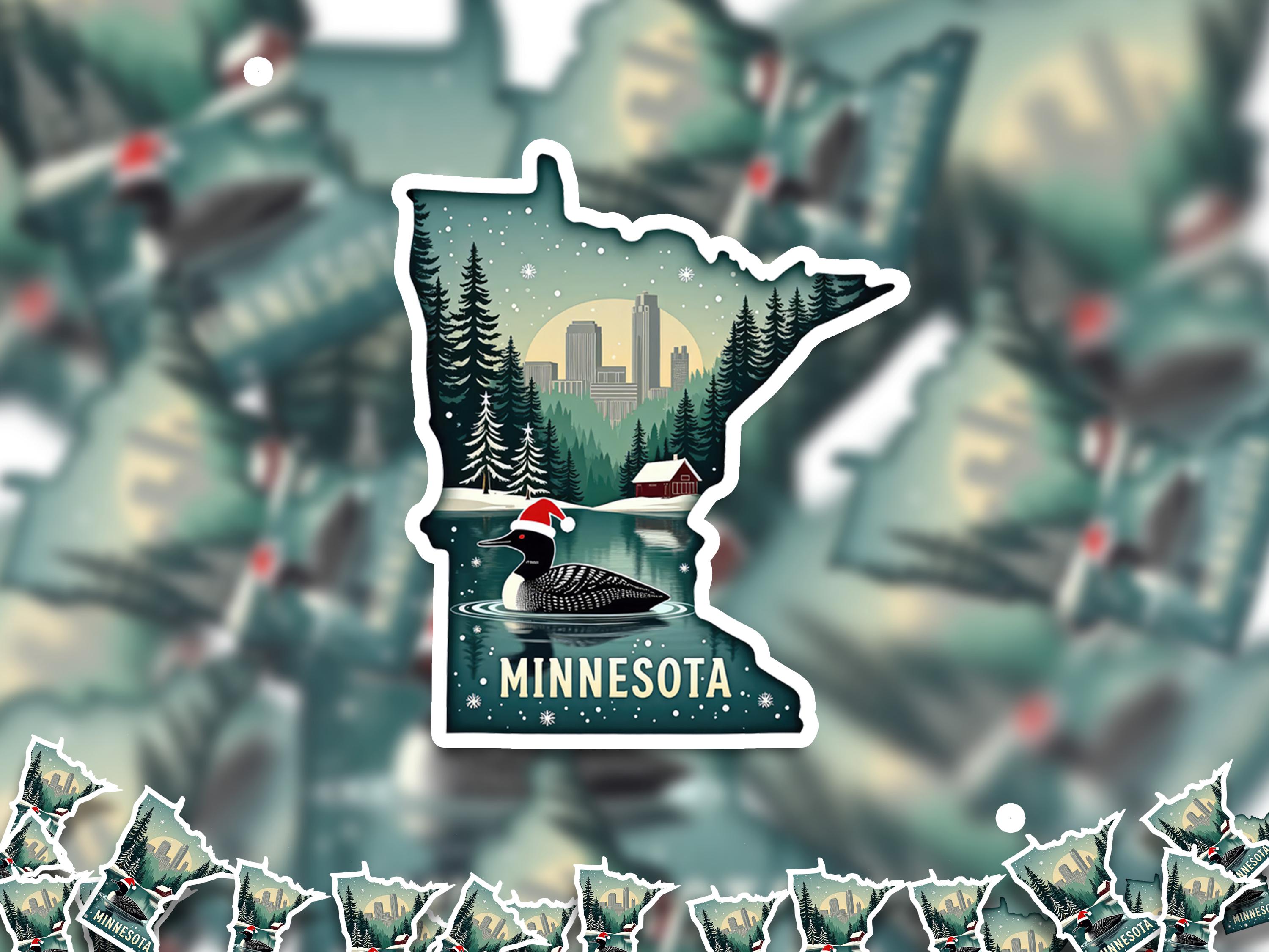 Minnesota Christmas Sticker, Vintage States Xmas Vinyl Decals Waterproof, Retro Laptop, Scrapbook Tumbler