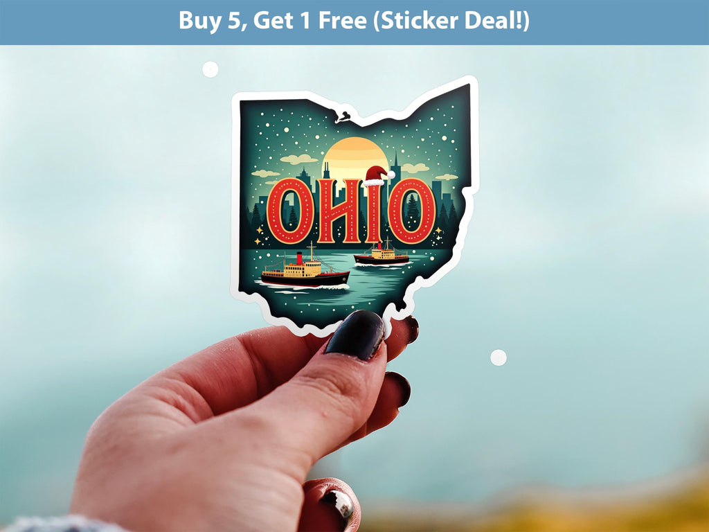 Ohio Christmas Sticker, Vintage States Xmas Vinyl Decals Waterproof, Retro Laptop, Scrapbook Tumbler