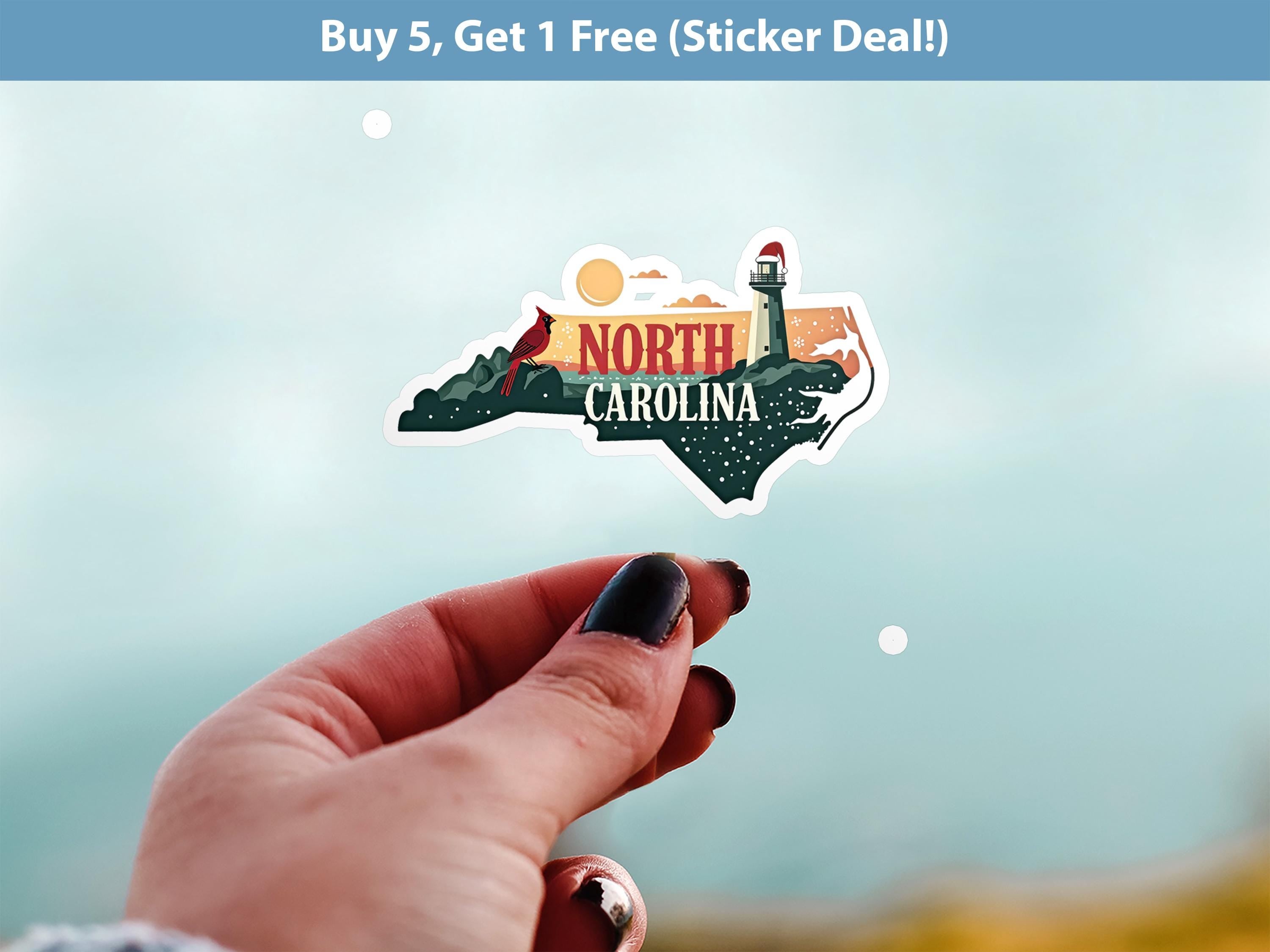 North Carolina Christmas Sticker, Vintage States Xmas Vinyl Decals Waterproof, Retro Laptop, Scrapbook Tumbler