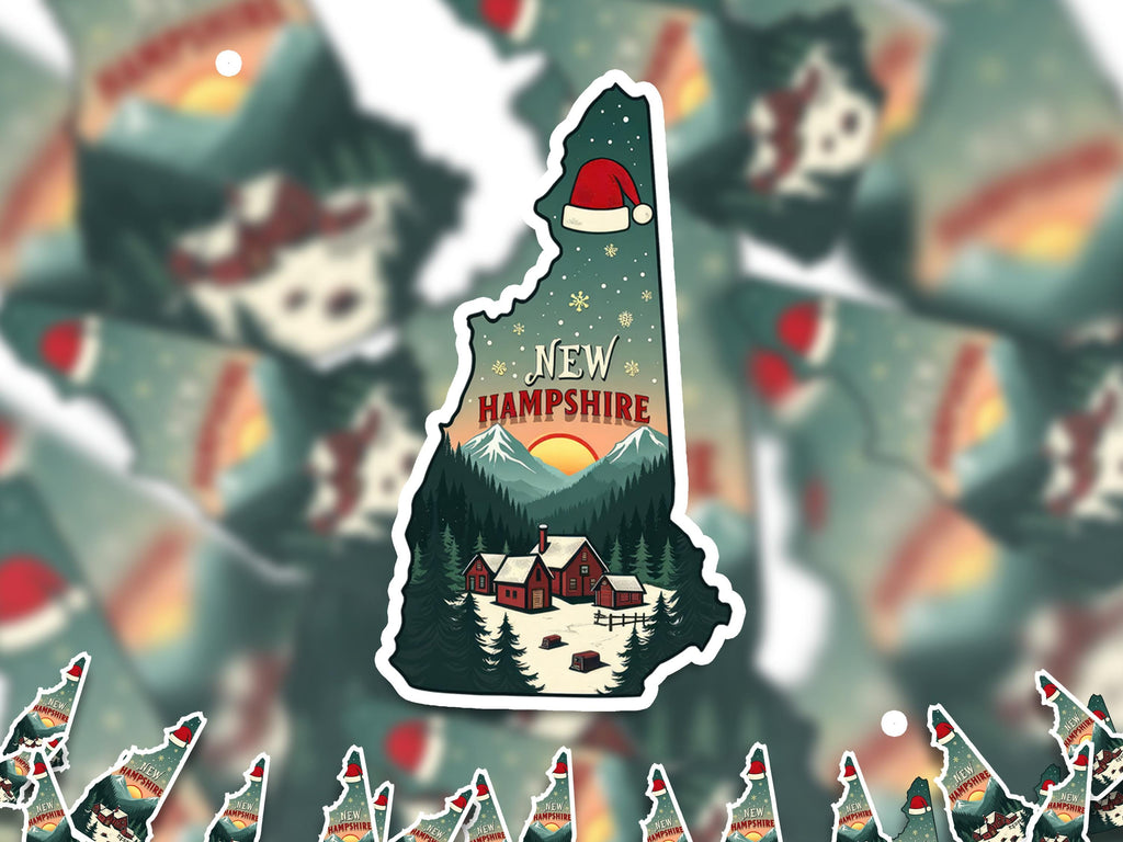 New Hampshire Christmas Sticker, Vintage States Xmas Vinyl Decals Waterproof, Retro Laptop, Scrapbook Tumbler