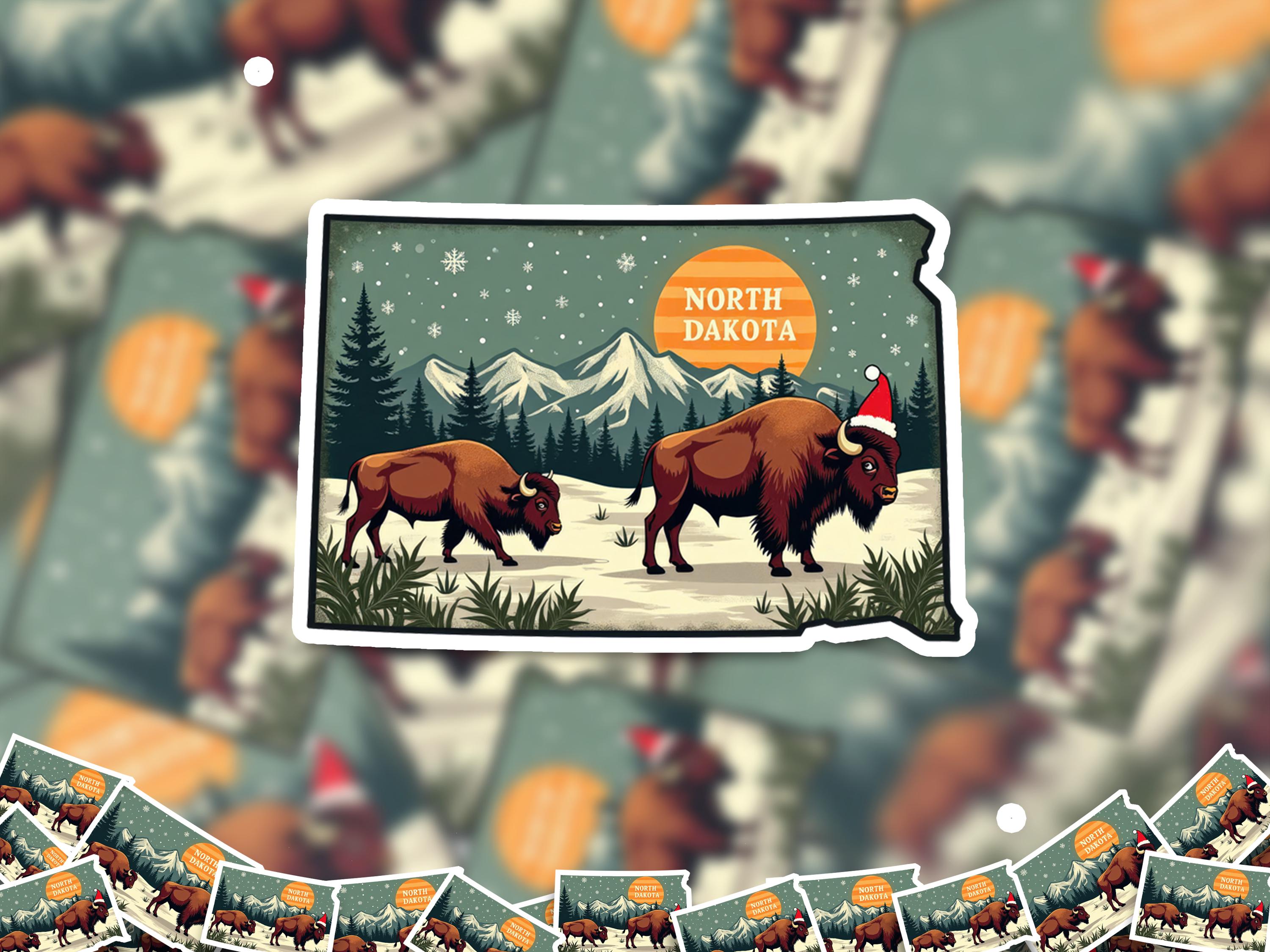 North Dakota Christmas Sticker, Vintage States Xmas Vinyl Decals Waterproof, Retro Laptop, Scrapbook Tumbler