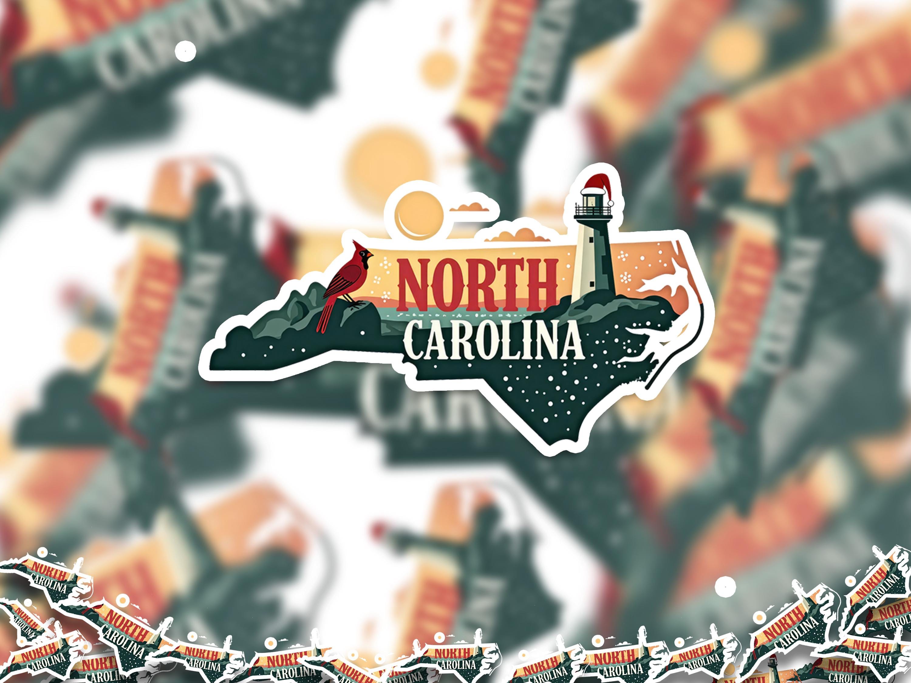 North Carolina Christmas Sticker, Vintage States Xmas Vinyl Decals Waterproof, Retro Laptop, Scrapbook Tumbler