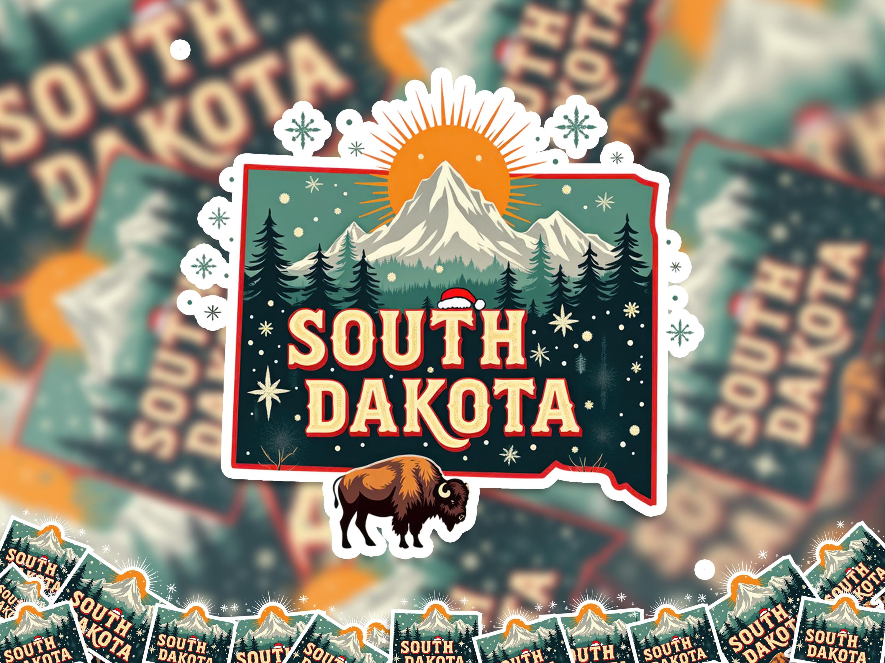 South Dakota Christmas Sticker, Vintage States Xmas Vinyl Decals Waterproof, Retro Laptop, Scrapbook Tumbler