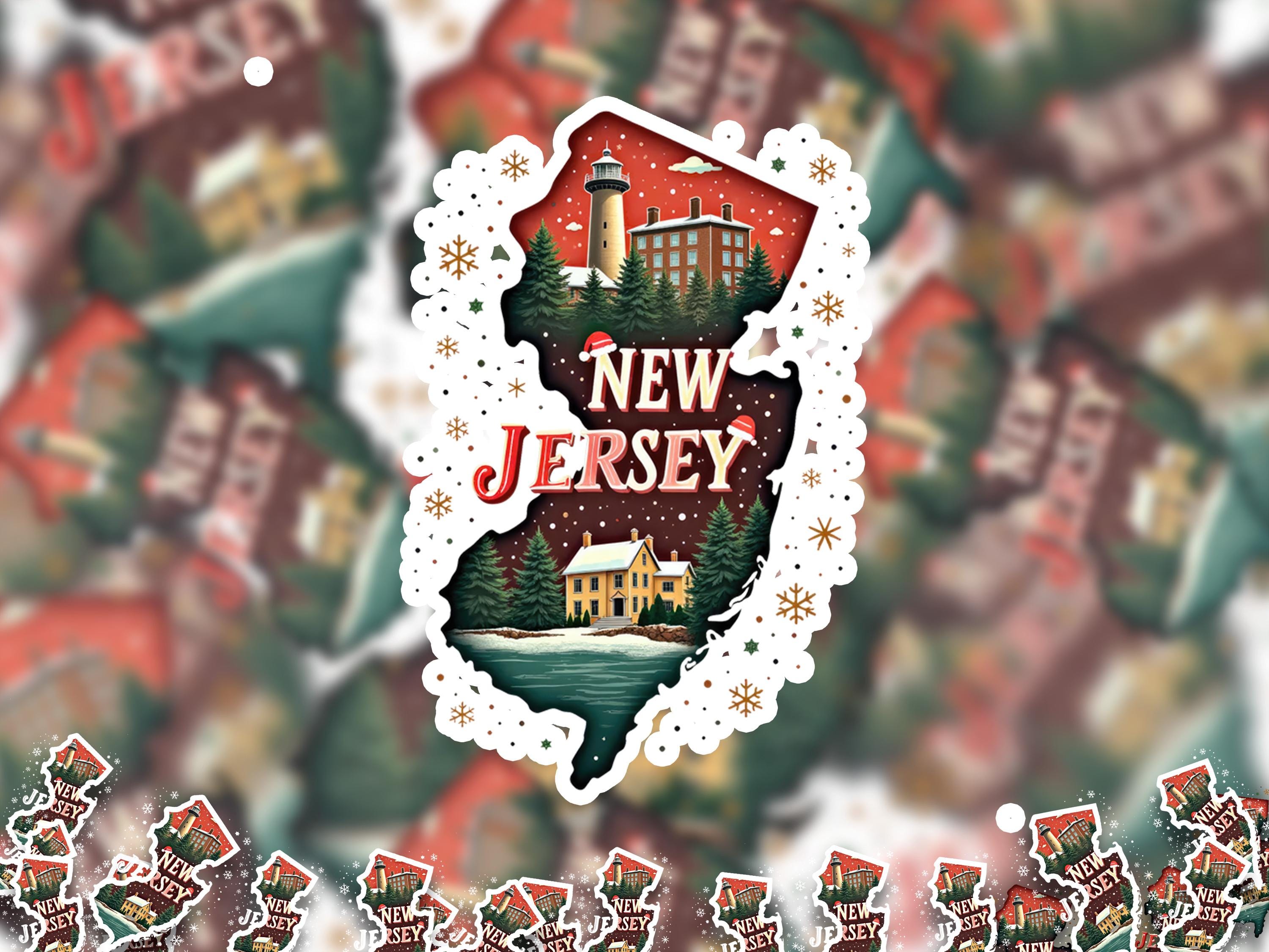New Jersey Christmas Sticker, Vintage States Xmas Vinyl Decals Waterproof, Retro Laptop, Scrapbook Tumbler