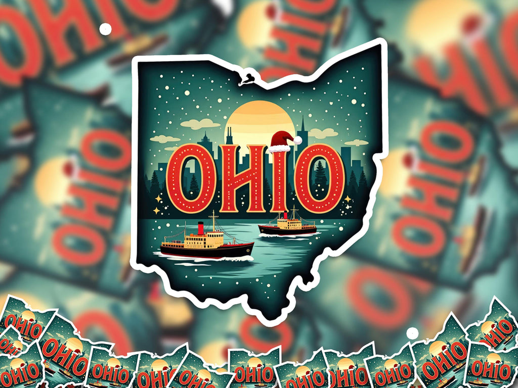 Ohio Christmas Sticker, Vintage States Xmas Vinyl Decals Waterproof, Retro Laptop, Scrapbook Tumbler