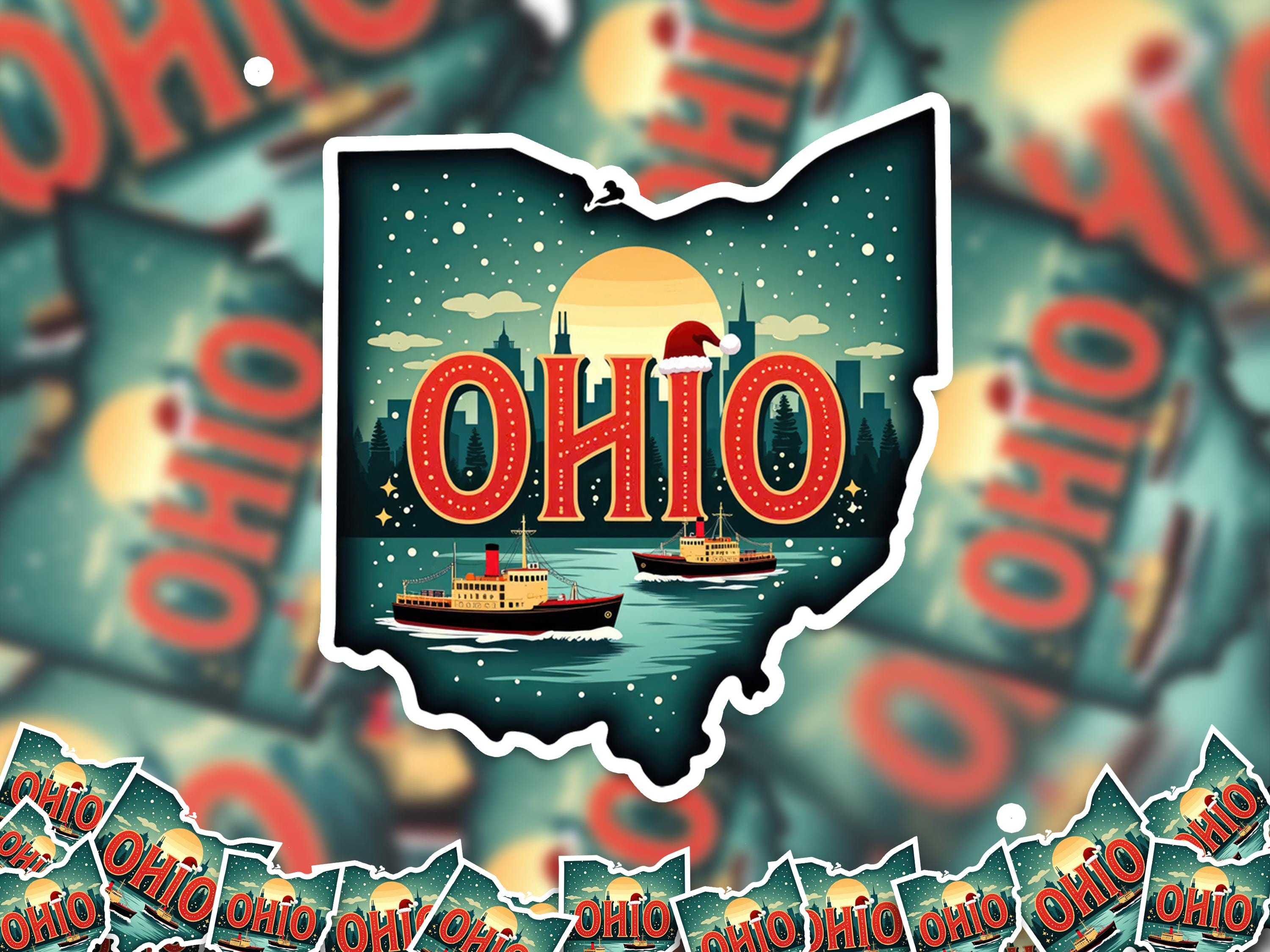 Ohio Christmas Sticker, Vintage States Xmas Vinyl Decals Waterproof, Retro Laptop, Scrapbook Tumbler