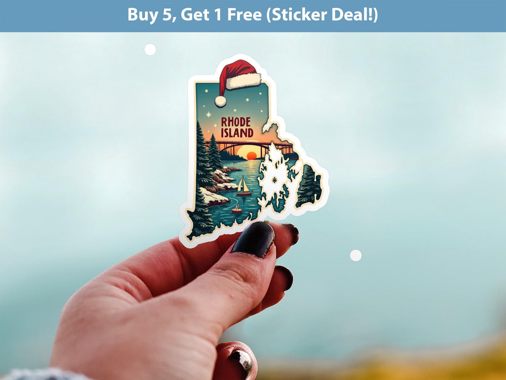 Rhode Island Christmas Sticker, Vintage States Xmas Vinyl Decals Waterproof, Retro Laptop, Scrapbook Tumbler