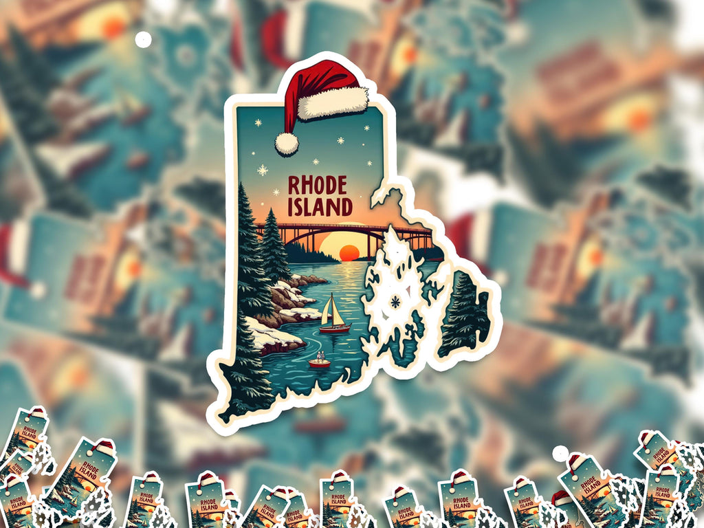 Rhode Island Christmas Sticker, Vintage States Xmas Vinyl Decals Waterproof, Retro Laptop, Scrapbook Tumbler