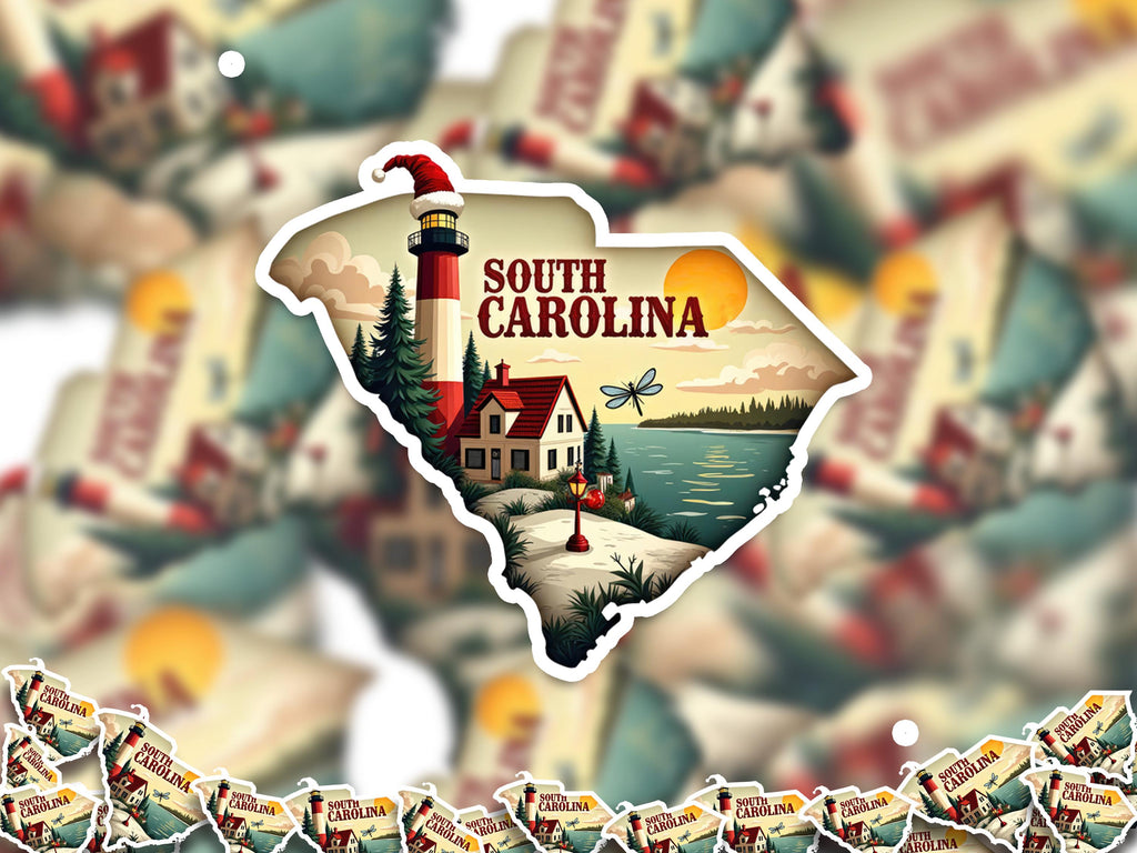South Carolina Christmas Sticker, Vintage States Xmas Vinyl Decals Waterproof, Retro Laptop, Scrapbook Tumbler